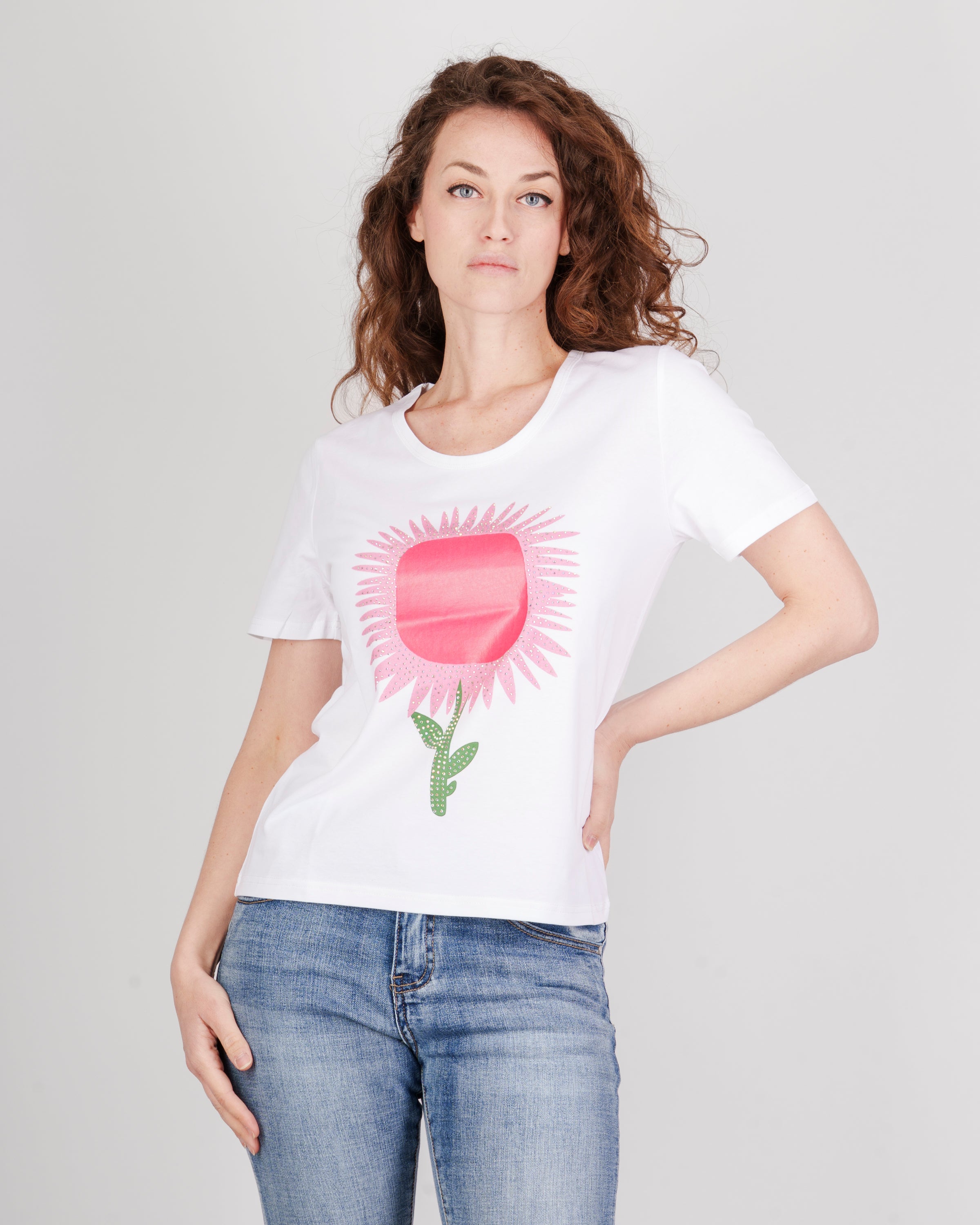 T-shirt scollo Madonna stampa fiore 5510
