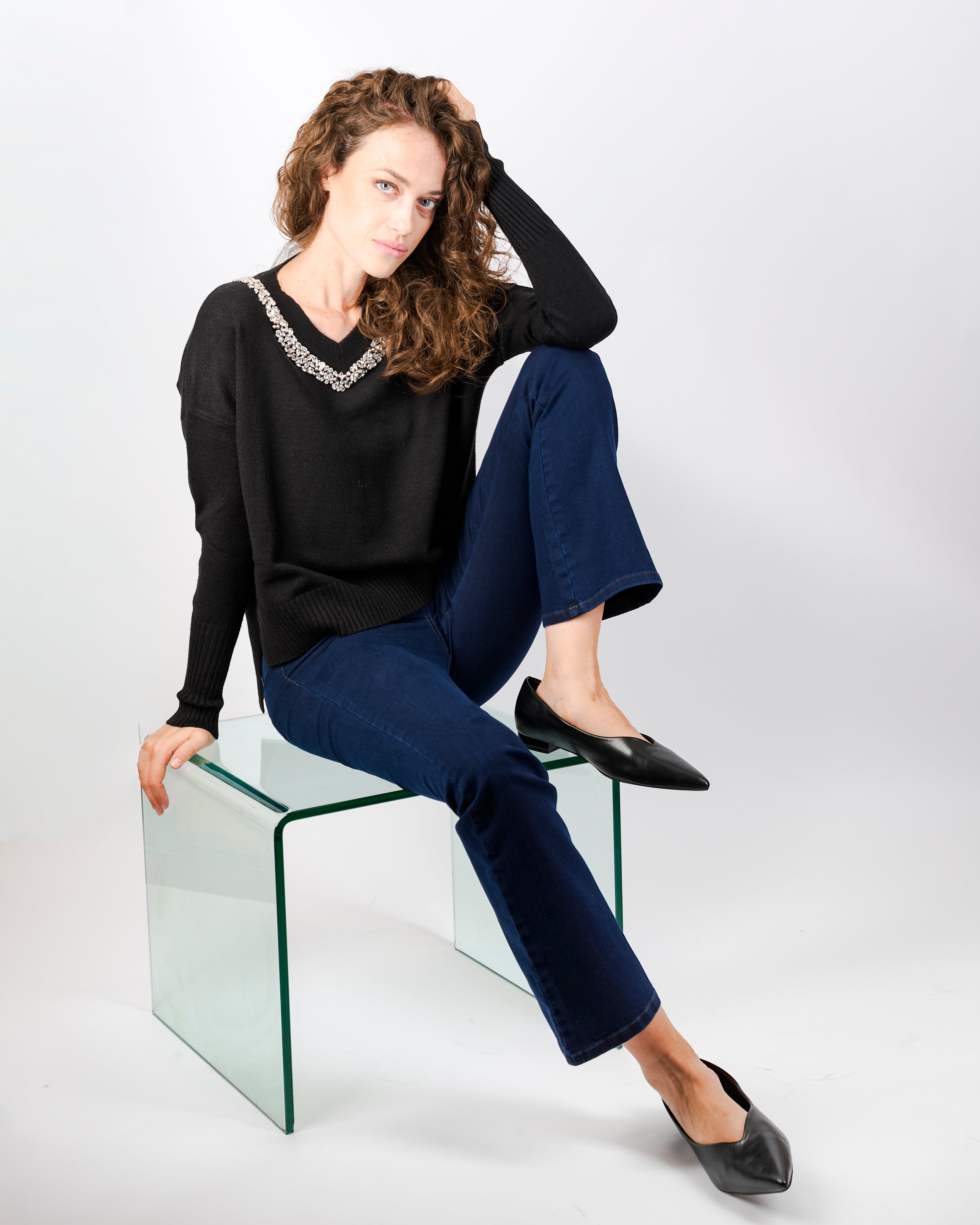 Maglia box gioiello collo e spacchi fondo W3076