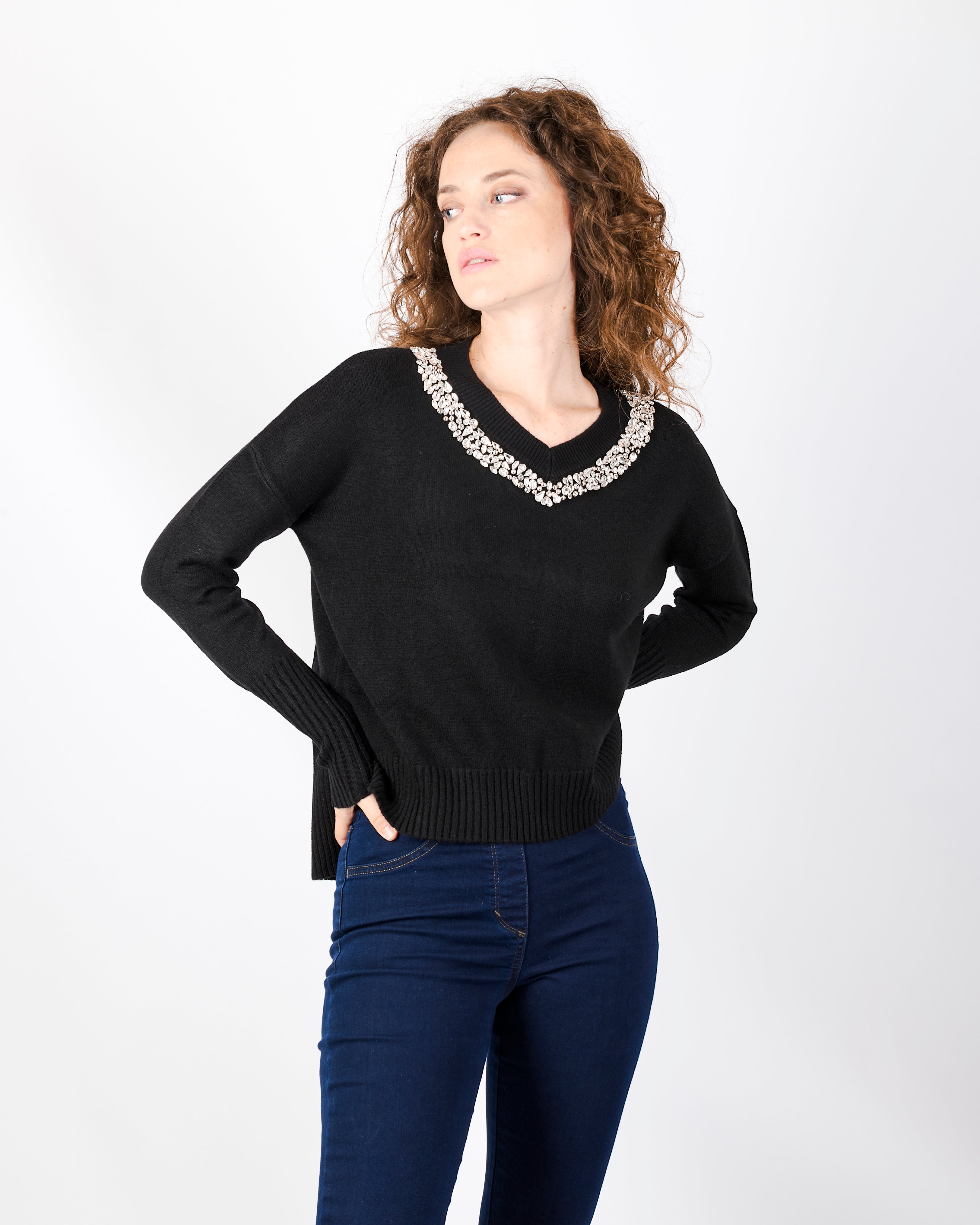 Maglia box gioiello collo e spacchi fondo W3076