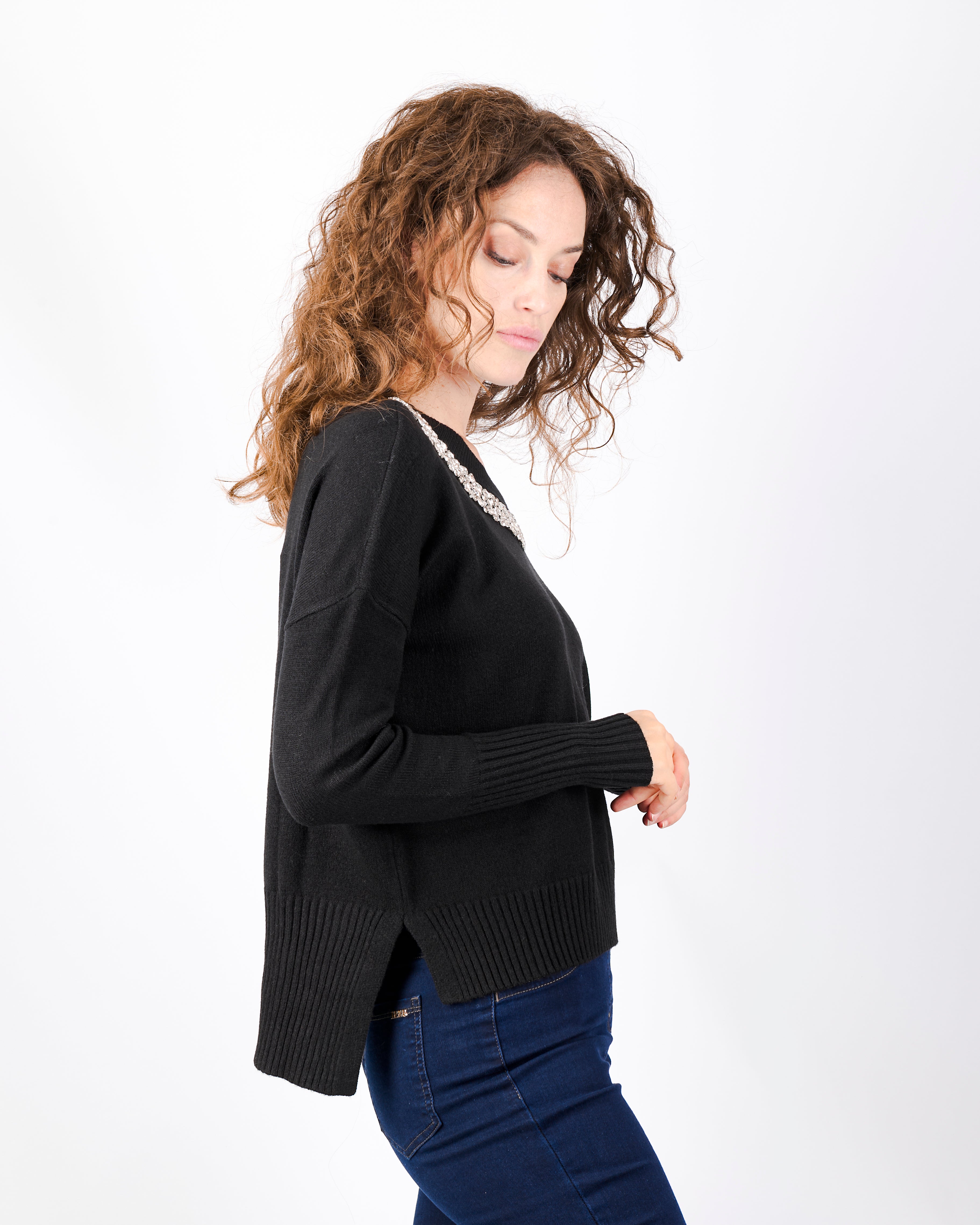 Maglia box gioiello collo e spacchi fondo W3076