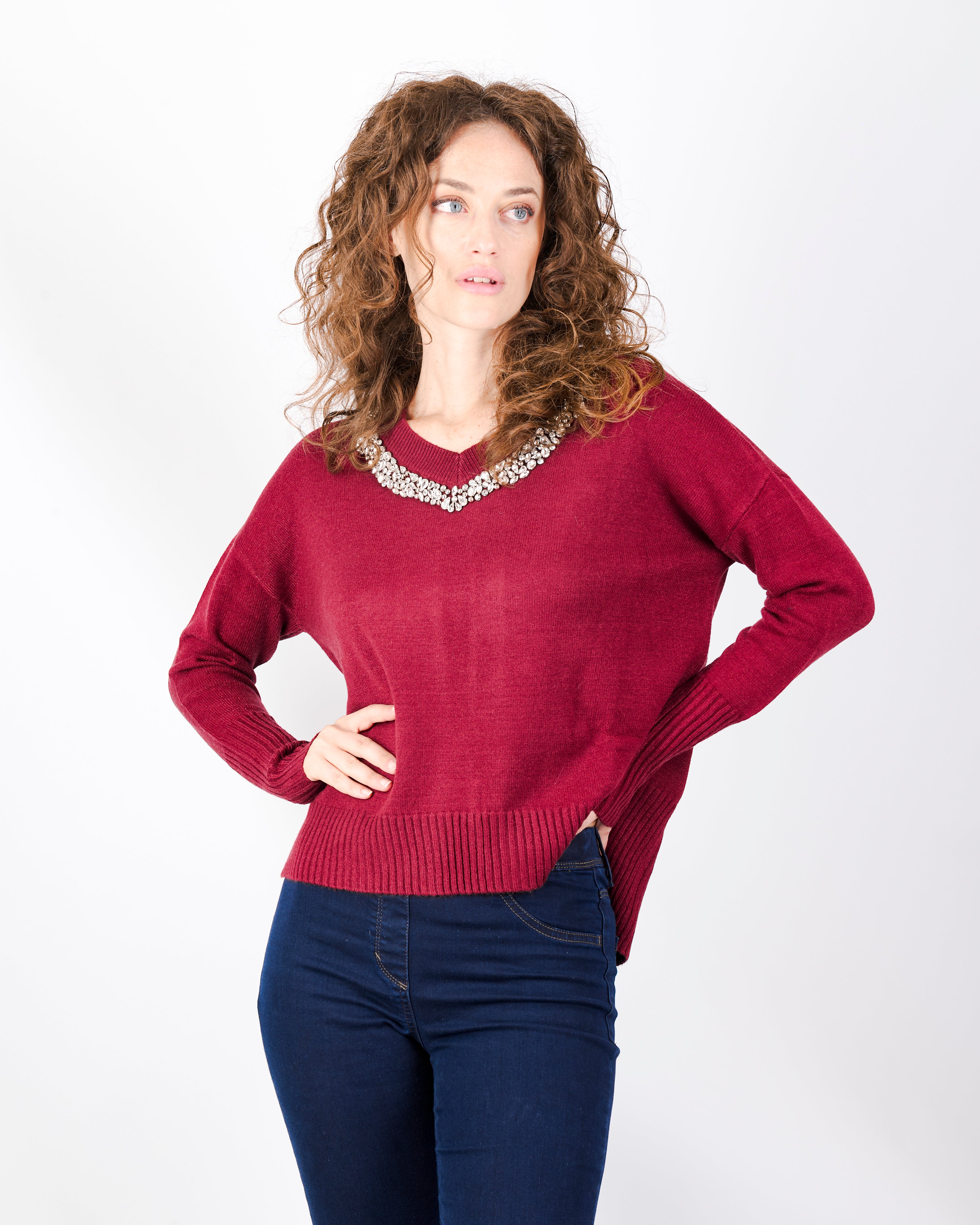 Maglia box gioiello collo e spacchi fondo W3076