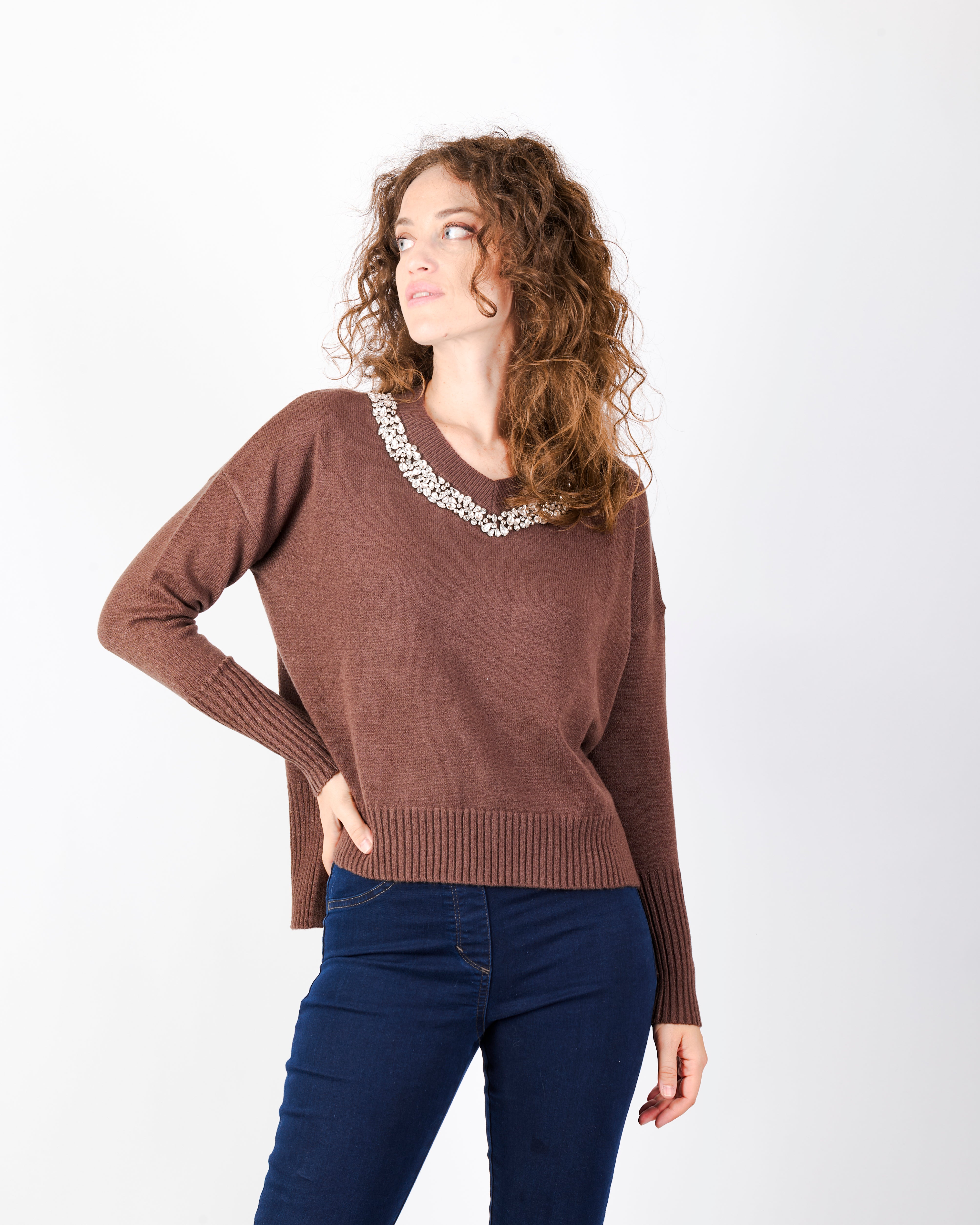 Maglia box gioiello collo e spacchi fondo W3076