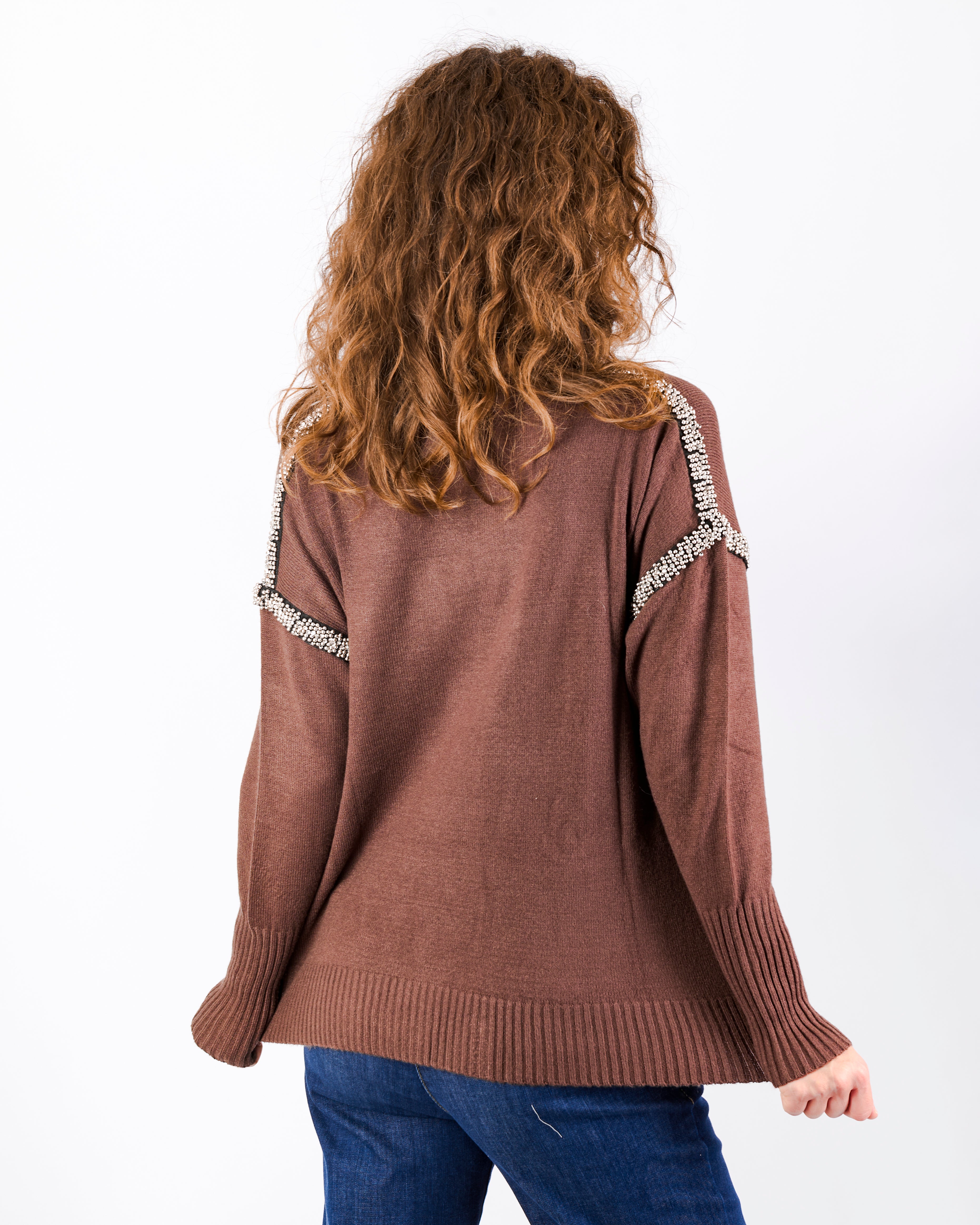 Maglia box strass e borchie spalle W3077