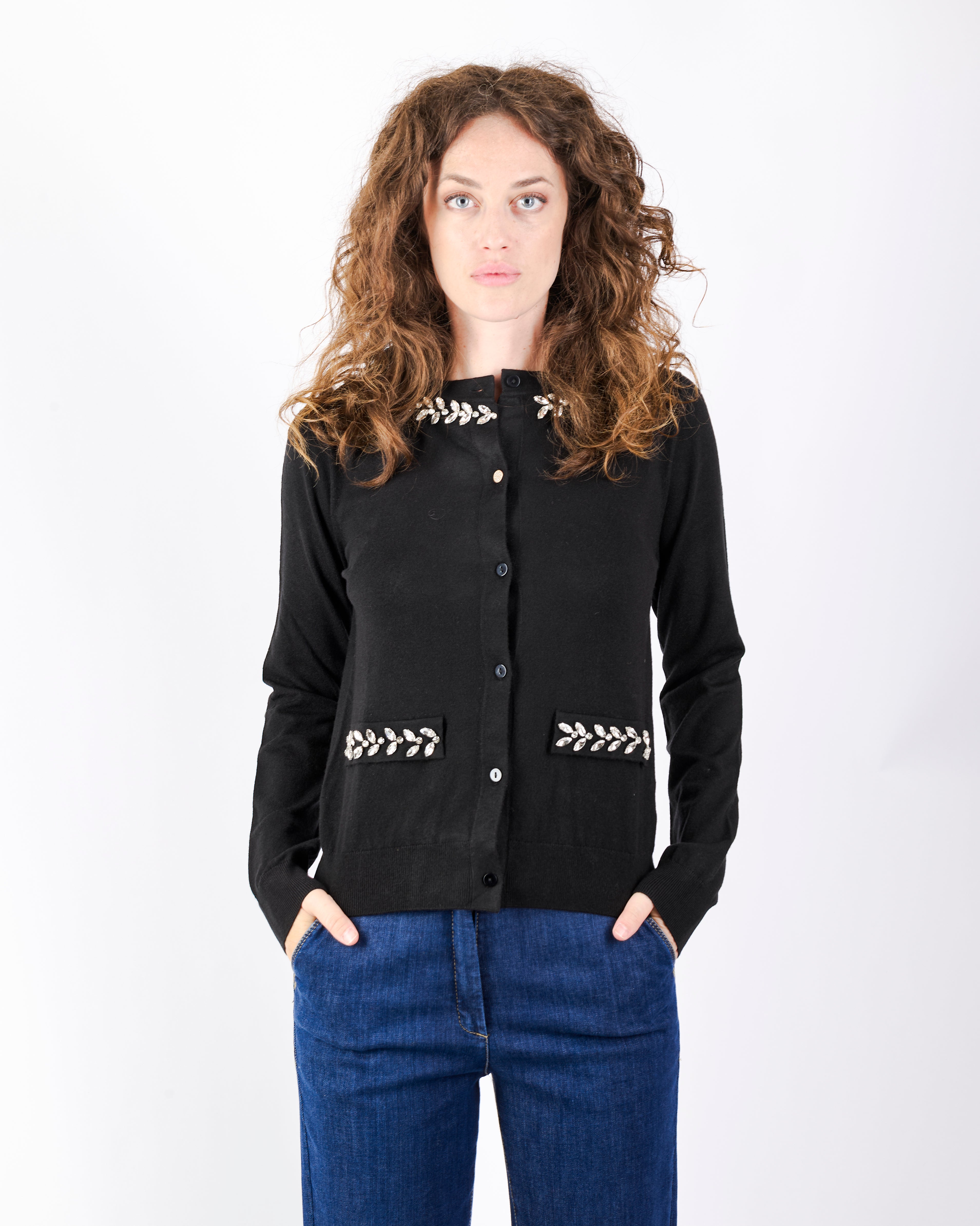 Maglia Chanel leggera strass collo e tasche W3055