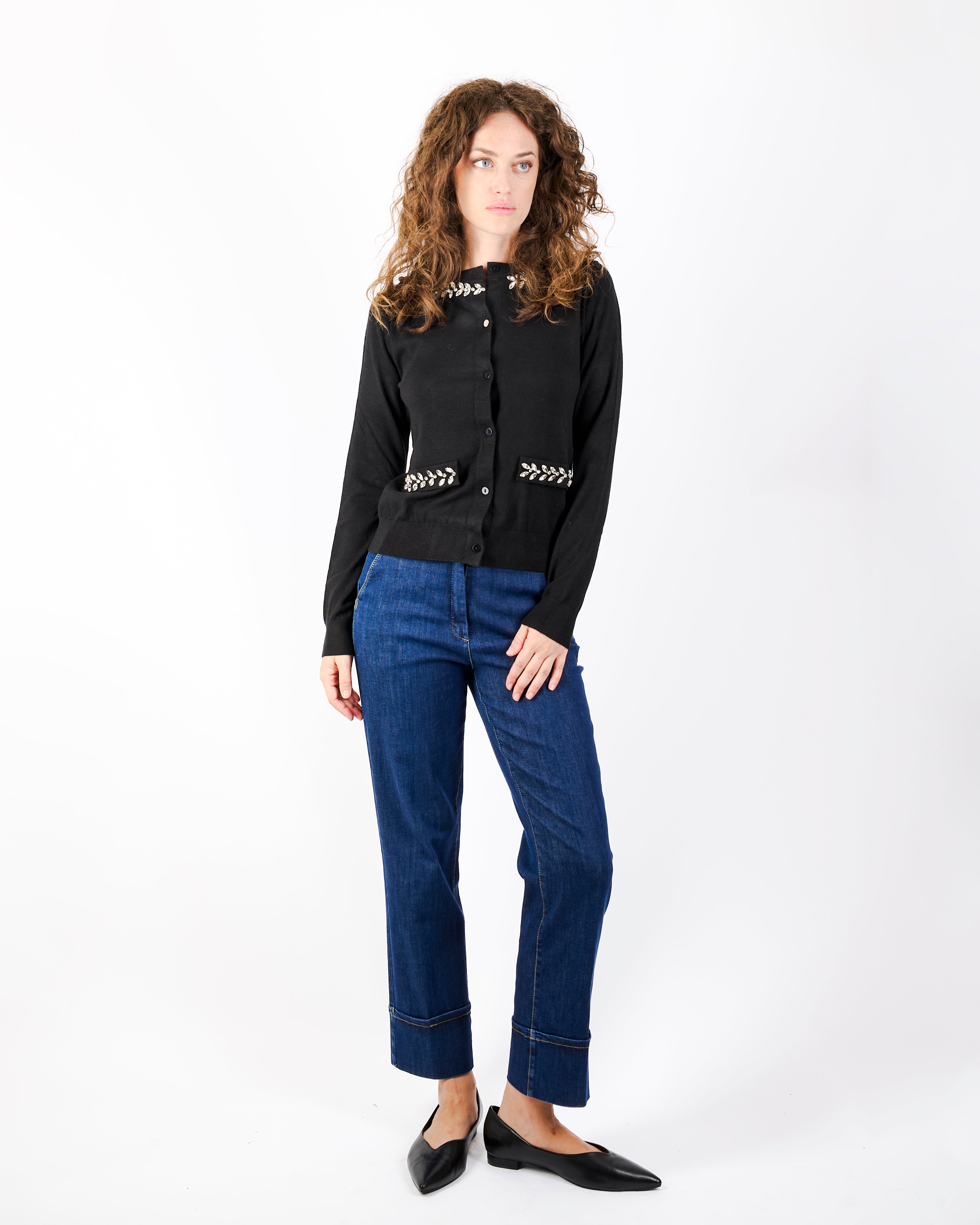 Maglia Chanel leggera strass collo e tasche W3055