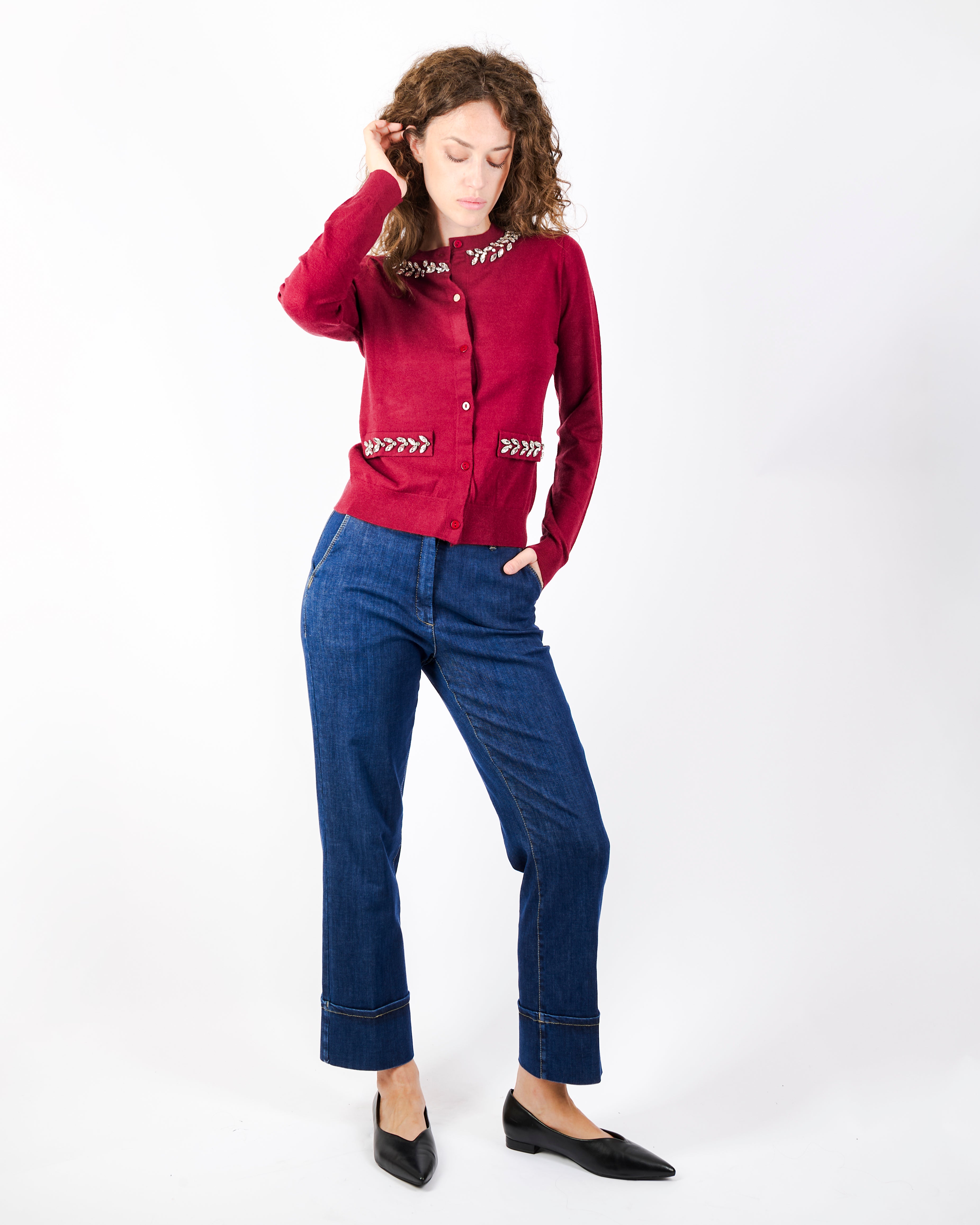 Maglia Chanel leggera strass collo e tasche W3055