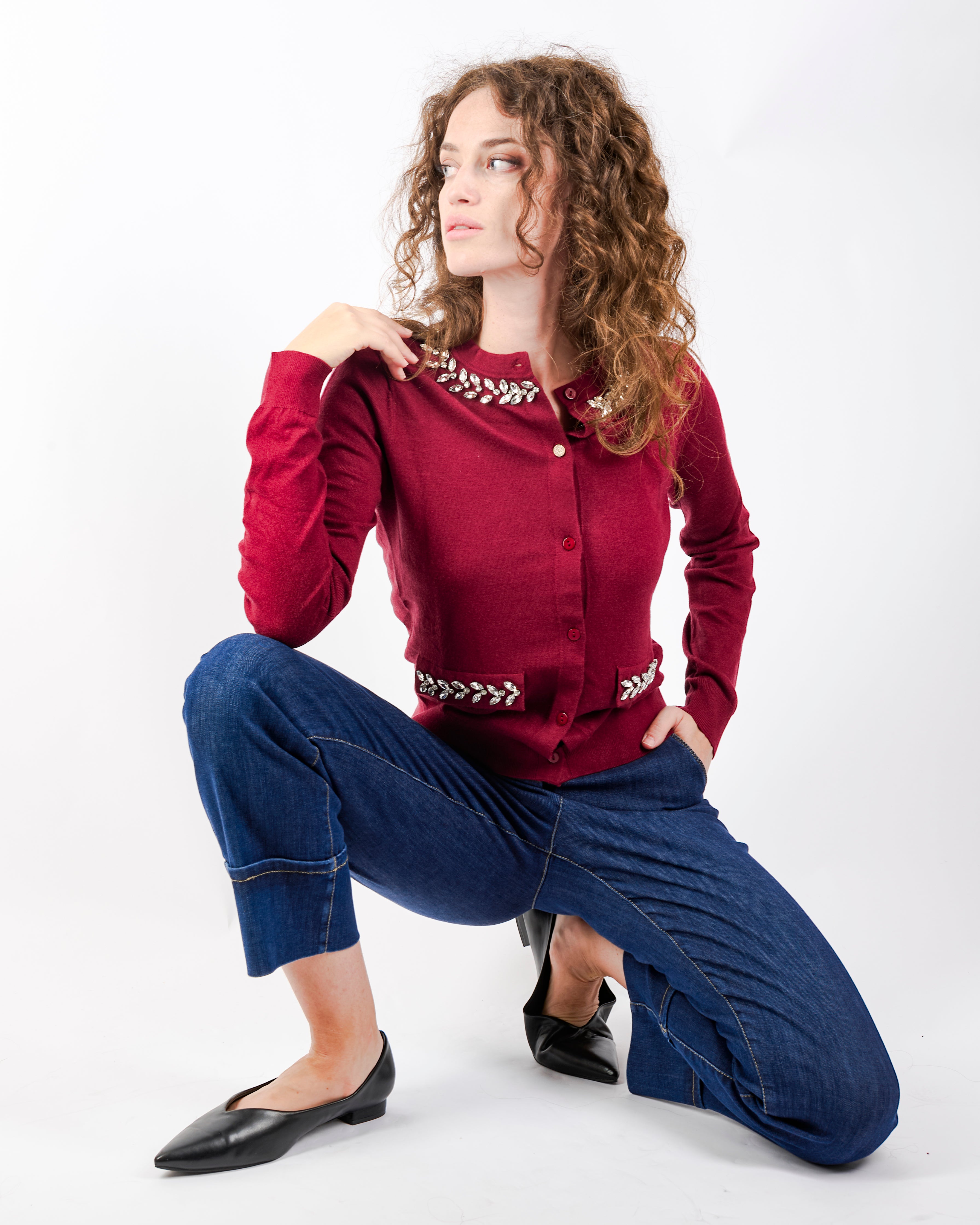 Maglia Chanel leggera strass collo e tasche W3055