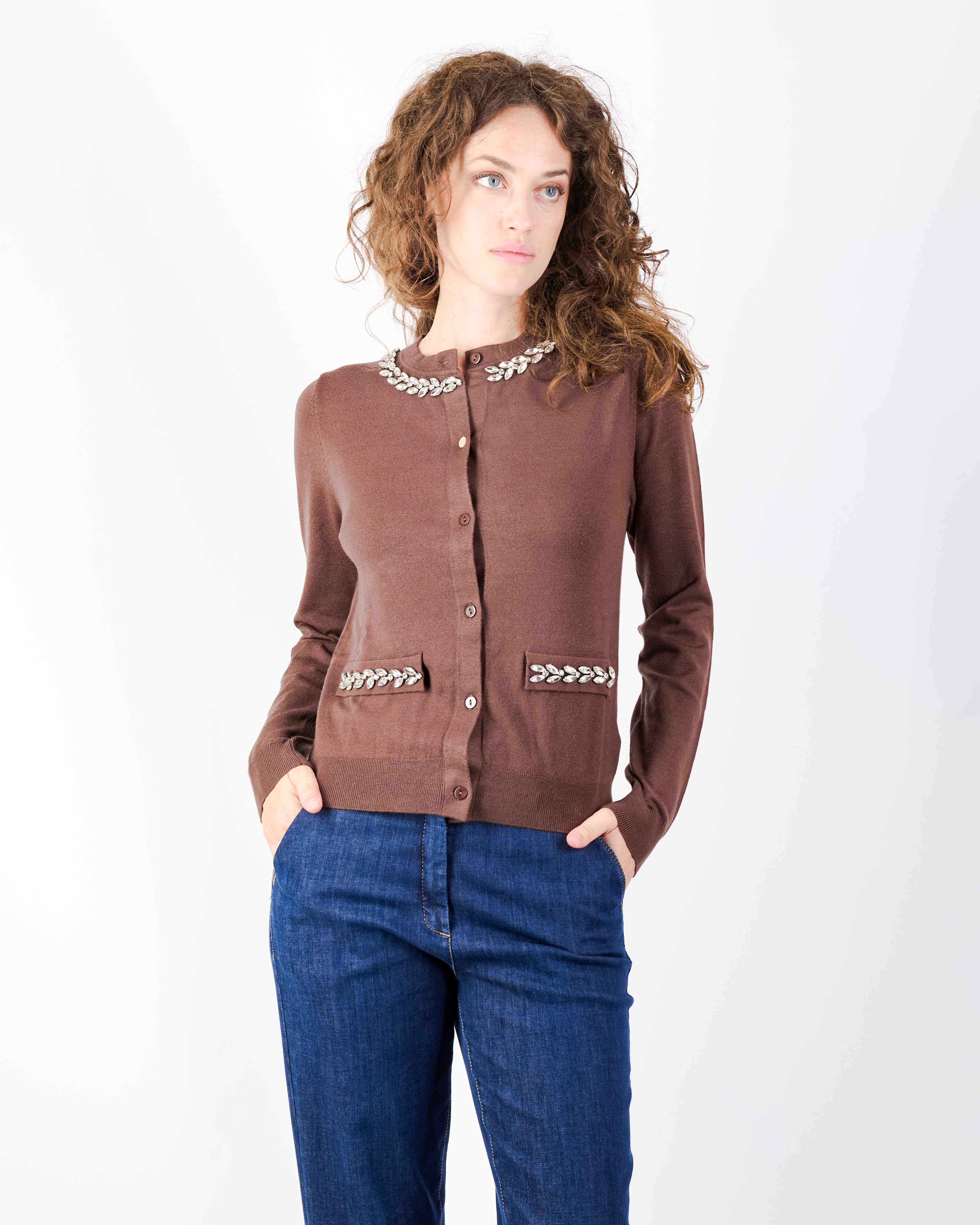 Maglia Chanel leggera strass collo e tasche W3055