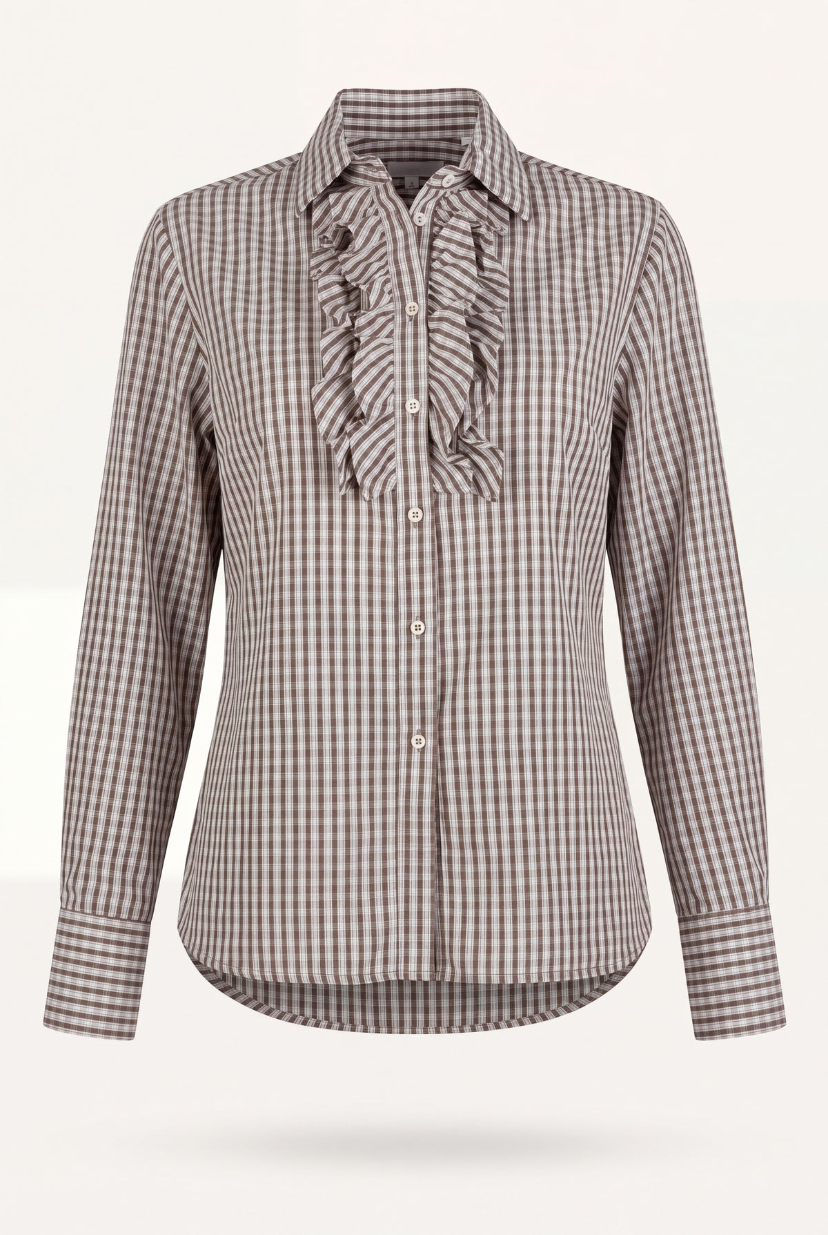 Camicia a quadretti color moro con rouches sul davanti e bottoni