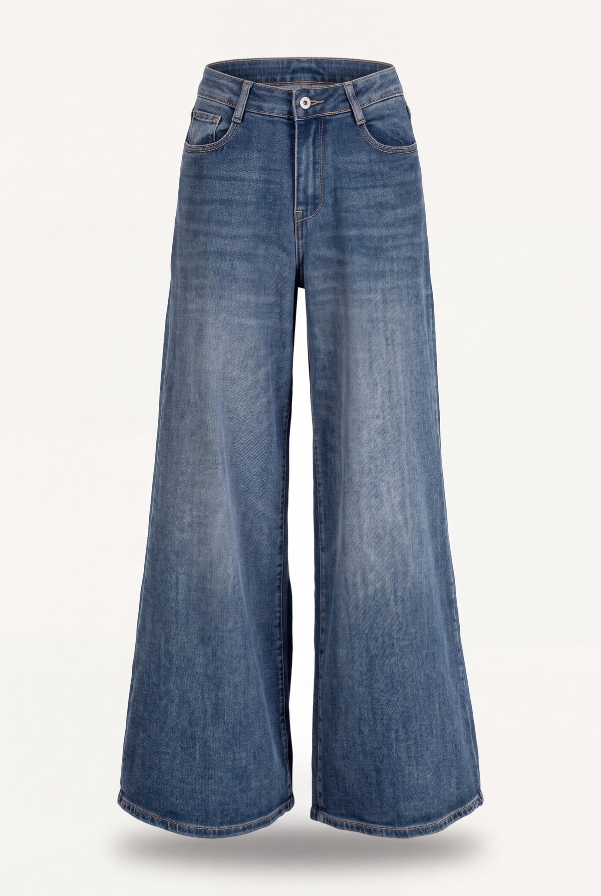 Jeans a gamba larga da donna in denim stone wash blu, vita alta e cinque tasche