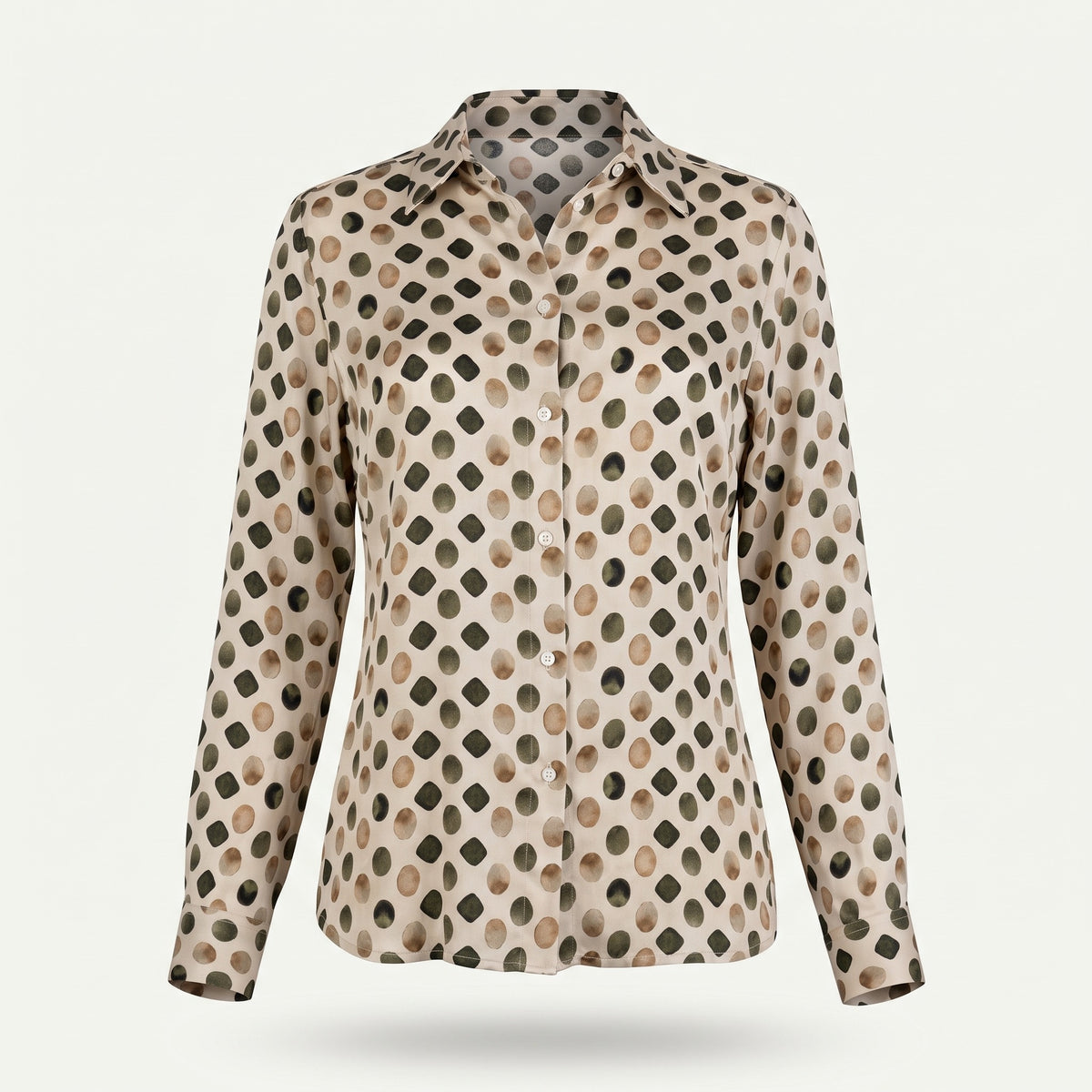 Camicia da donna in viscosa a pois rétro nei toni verde, senape e beige con colletto a punta