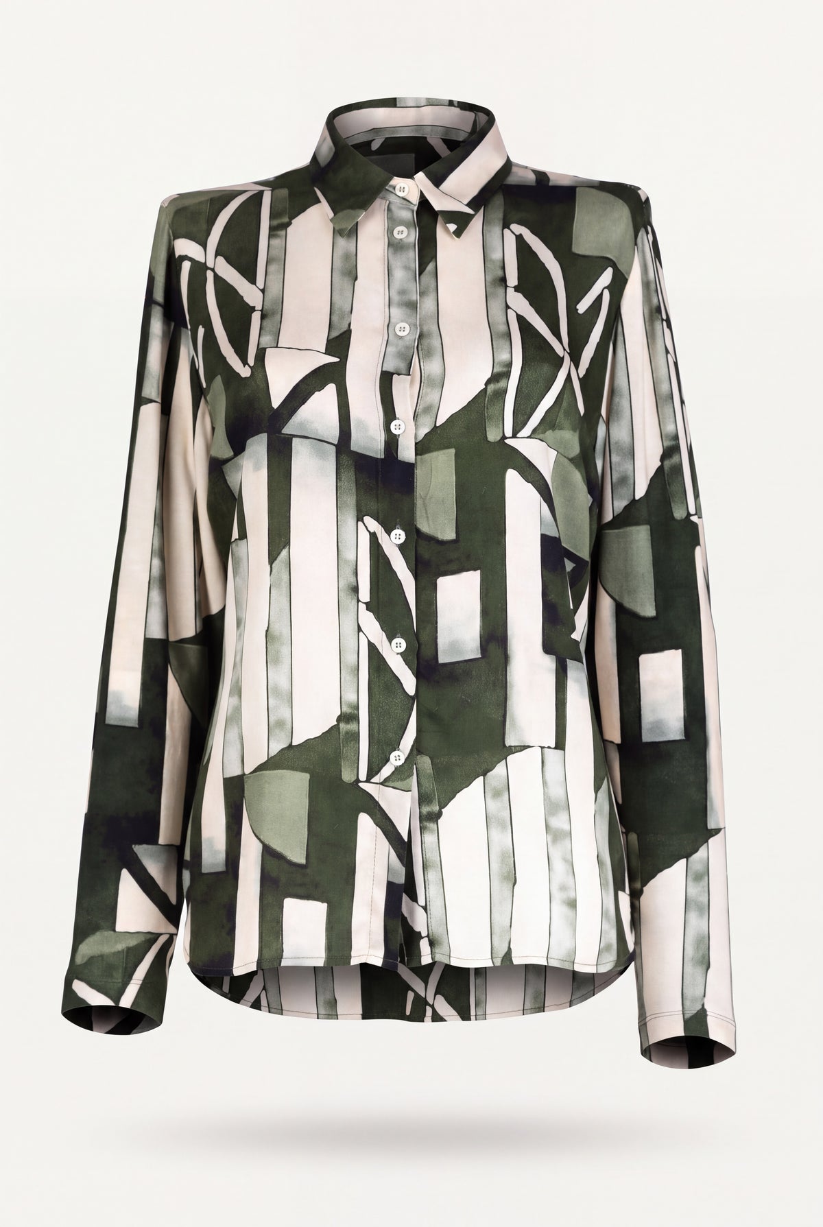 Camicia in viscosa fantasia verde da donna con stampa geometrica astratta, colletto a punta e maniche lunghe