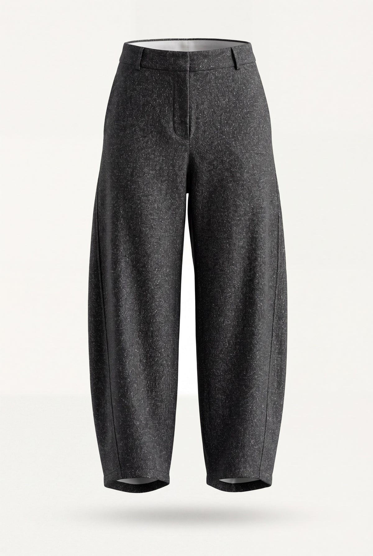 Pantalone sale e pepe grigio melange a palloncino, vita con passanti, linea arrotondata unisex