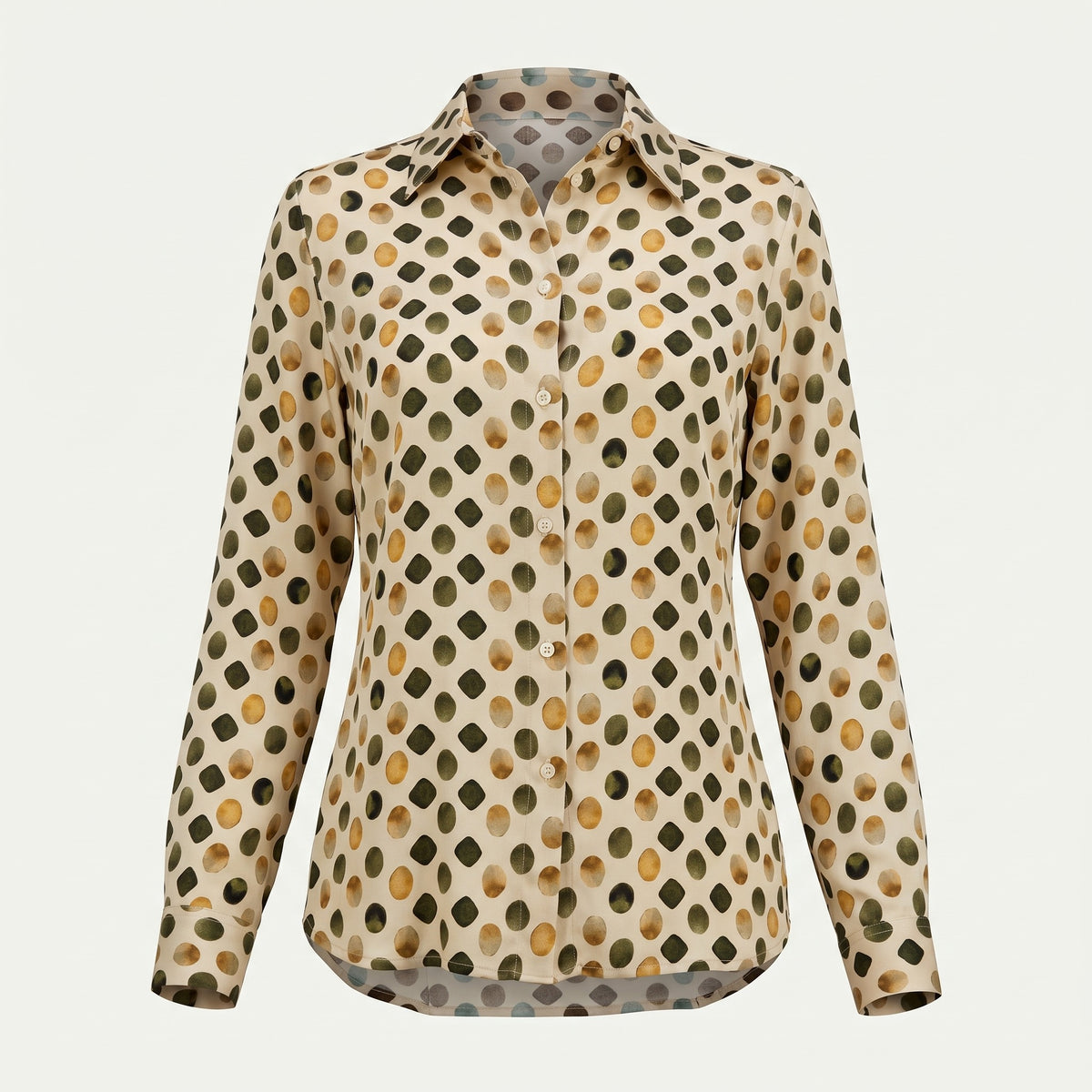 Camicia da donna in viscosa a pois rétro nei toni verde, senape e beige con colletto a punta