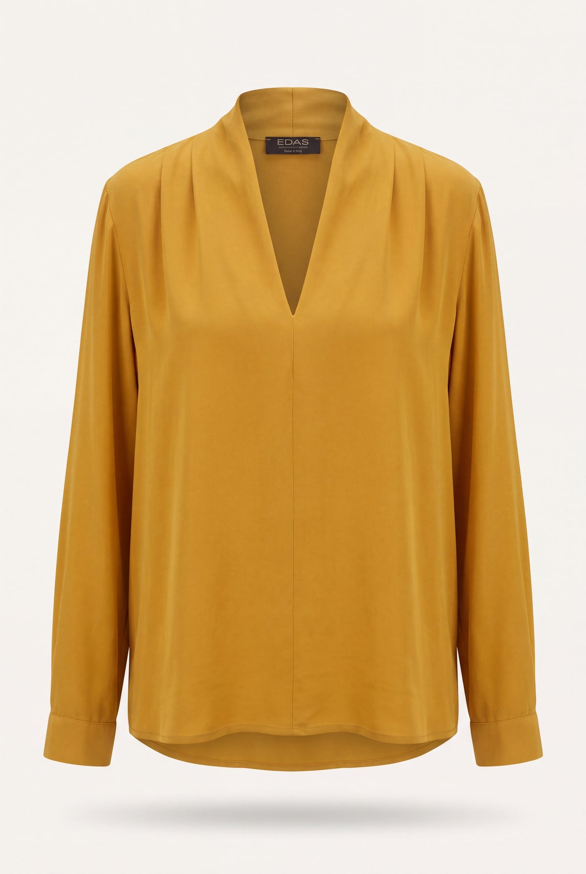 Blusa in raso blu inchiostro con scollo a V e pieghe sulle spalle, maniche lunghe