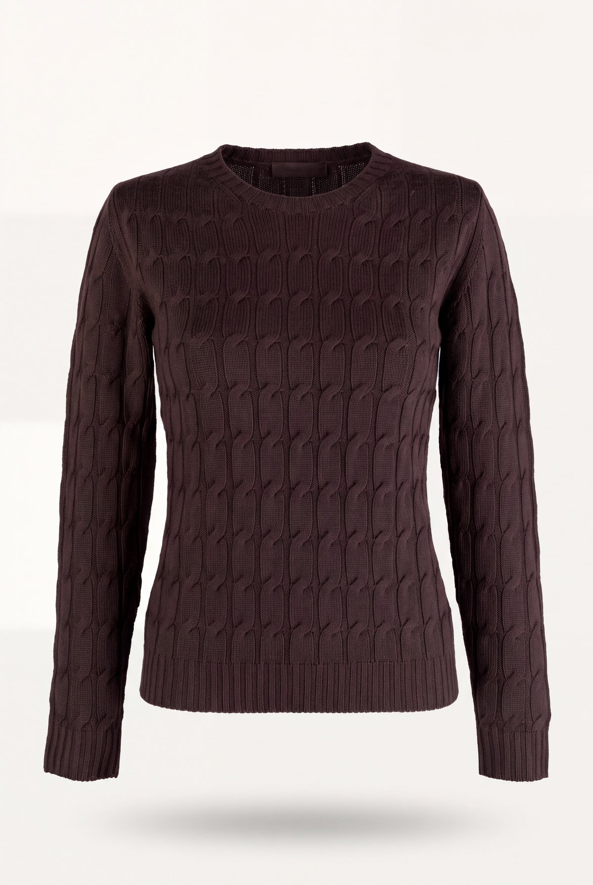 Maglione girocollo in pura lana a trecce color moro su manichino