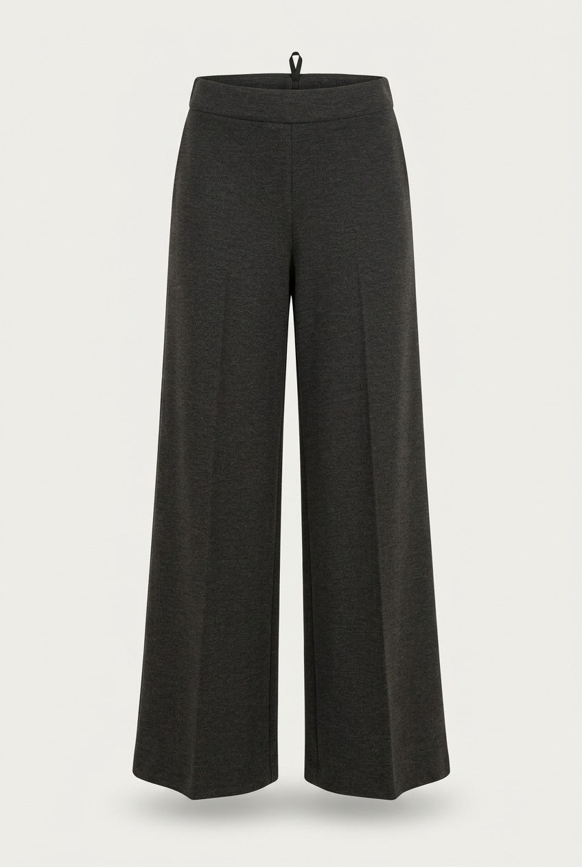 Pantalone palazzo donna nero in punto milano a vita alta con gamba larga e piega centrale
