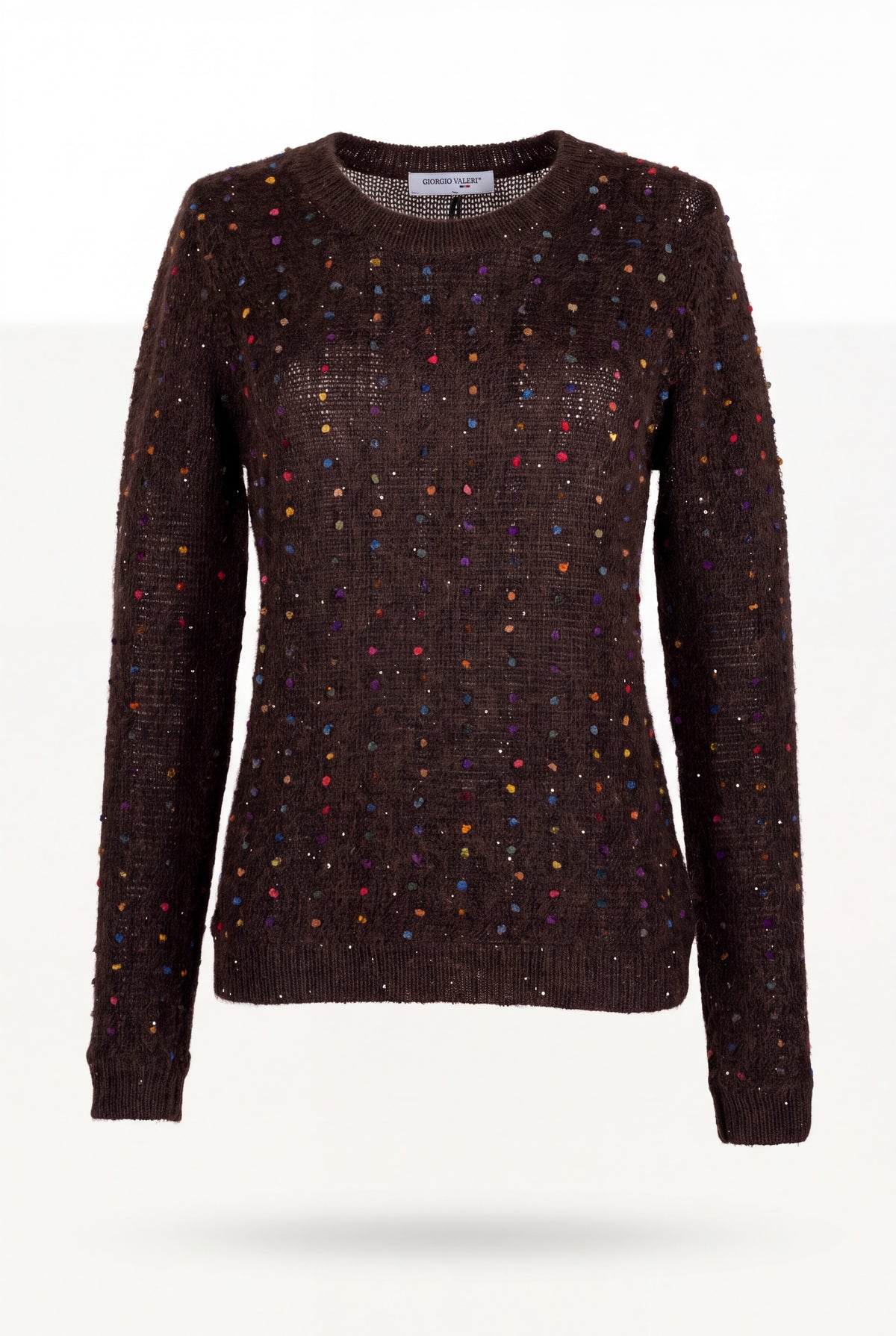 Maglione girocollo donna in maglia panna con pon pon multicolor in file verticali