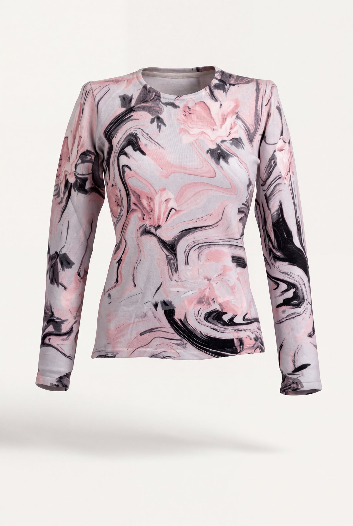 Maglia donna in viscosa Giorgio Valeri a girocollo con stampa floreale rosa, grigia e nera, maniche lunghe