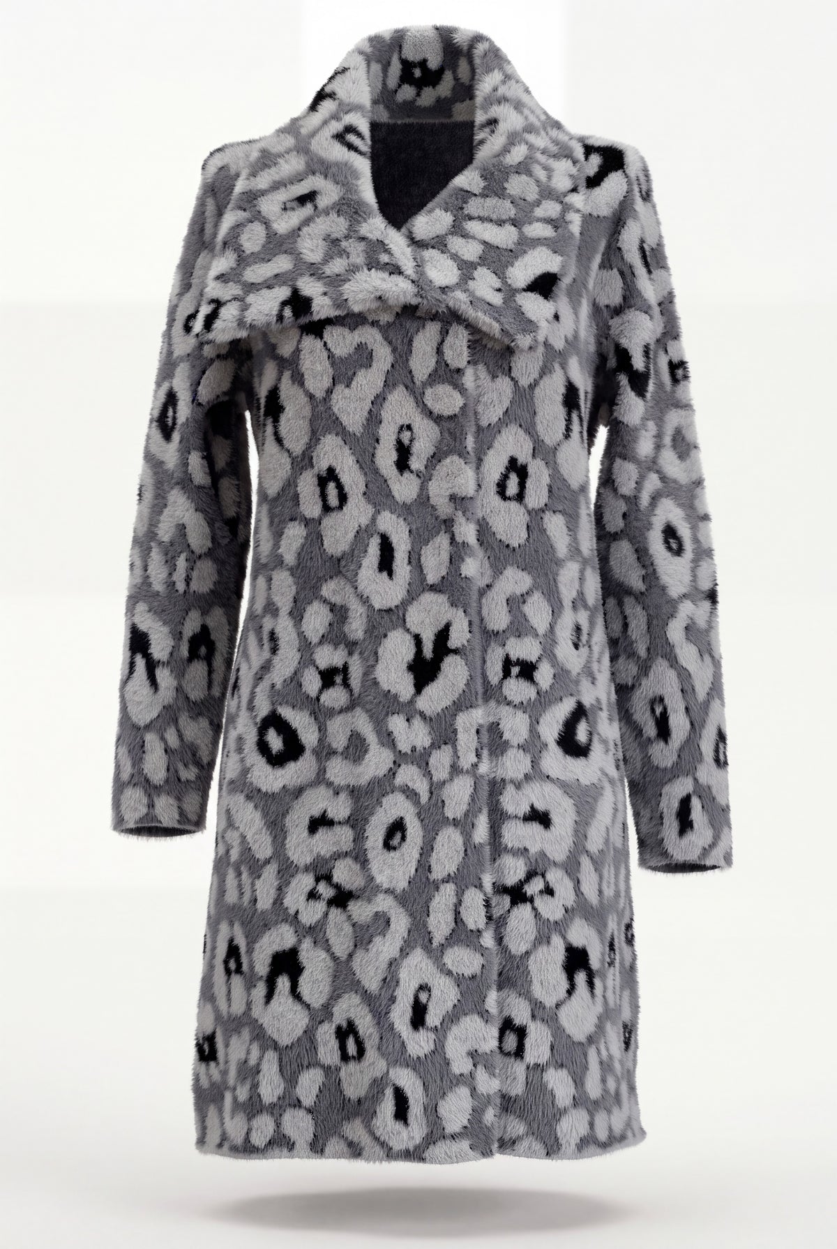 Cappotto maculato donna con maxi collo revers, stampa leopardata marrone e nera, lunghezza al ginocchio
