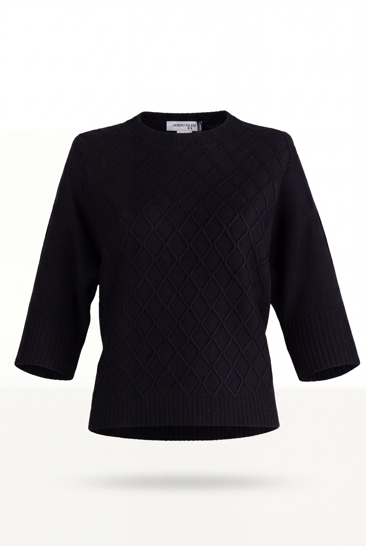 Maglione girocollo a rombi color bordò in maglia con trama a diamante e manica 3/4