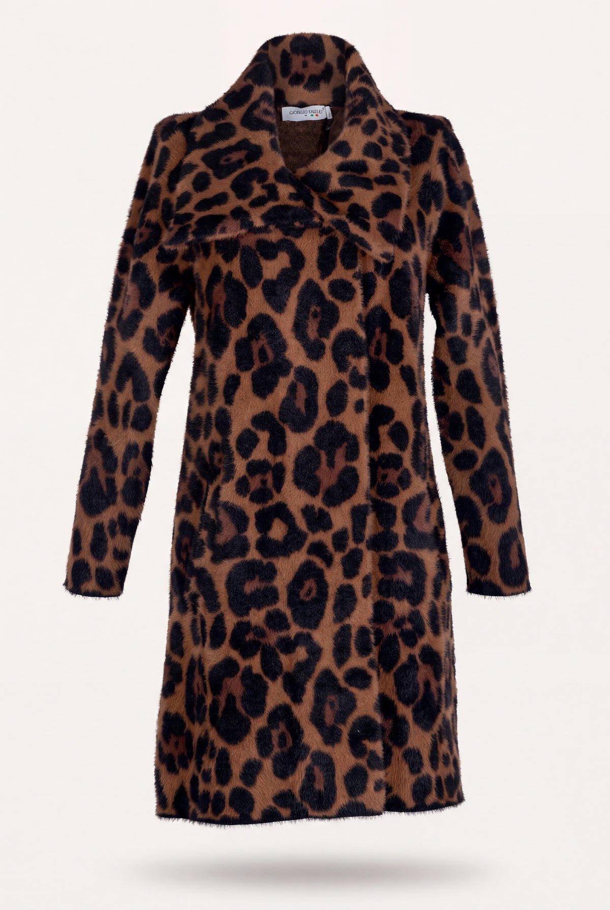 Cappotto maculato donna con maxi collo revers, stampa leopardata marrone e nera, lunghezza al ginocchio