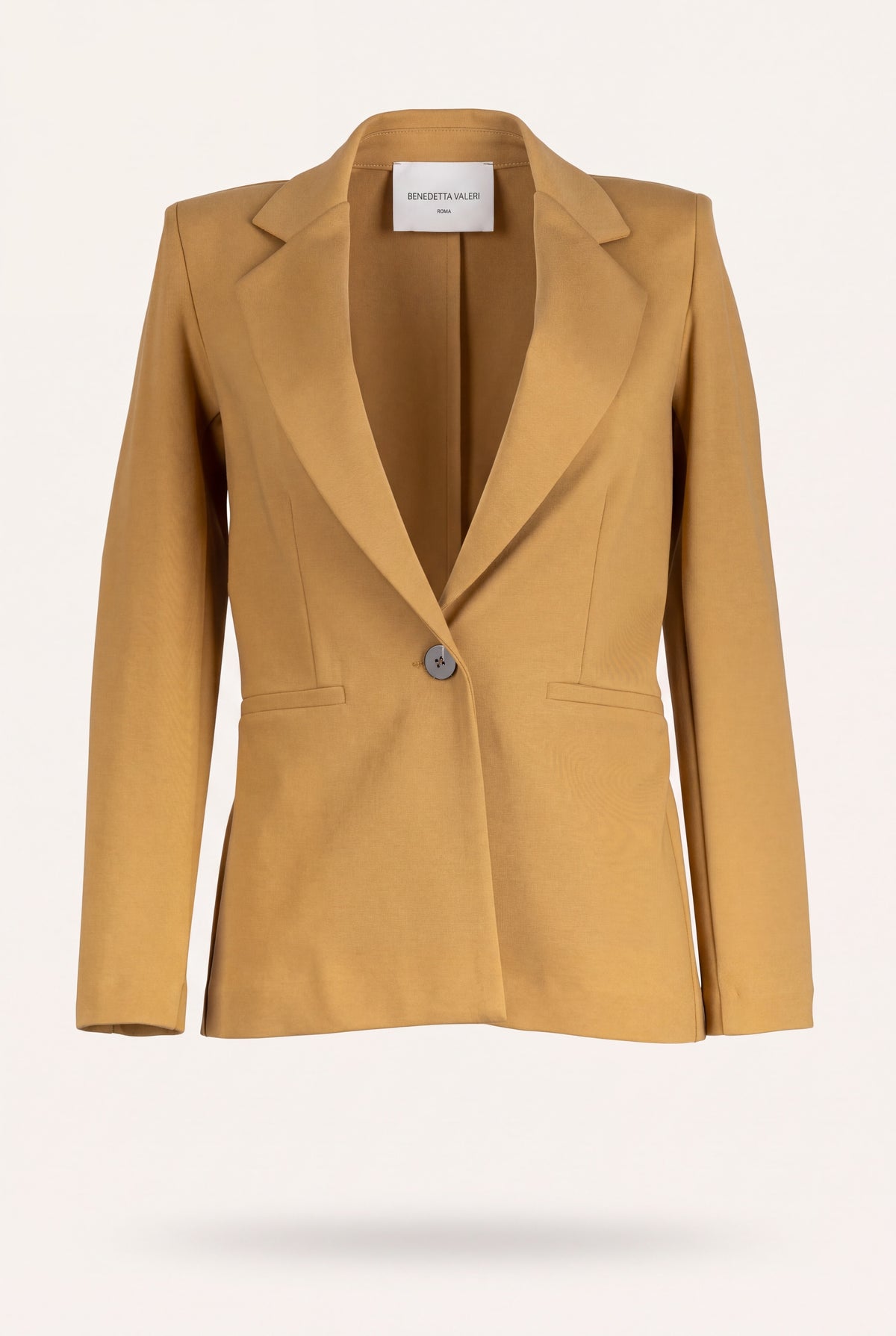 Giacca blazer donna in punto milano, monopetto color caramello con revers a lancia