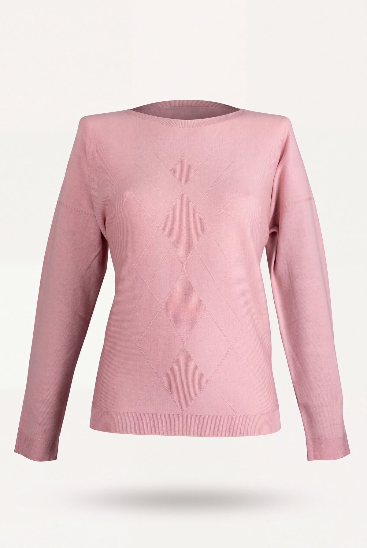 Maglia in pura lana color indaco da donna con motivo a rombi a rilievo e scollo a barchetta