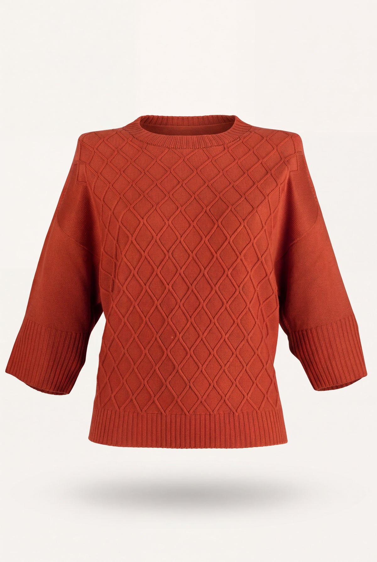 Maglione girocollo a rombi color bordò in maglia con trama a diamante e manica 3/4