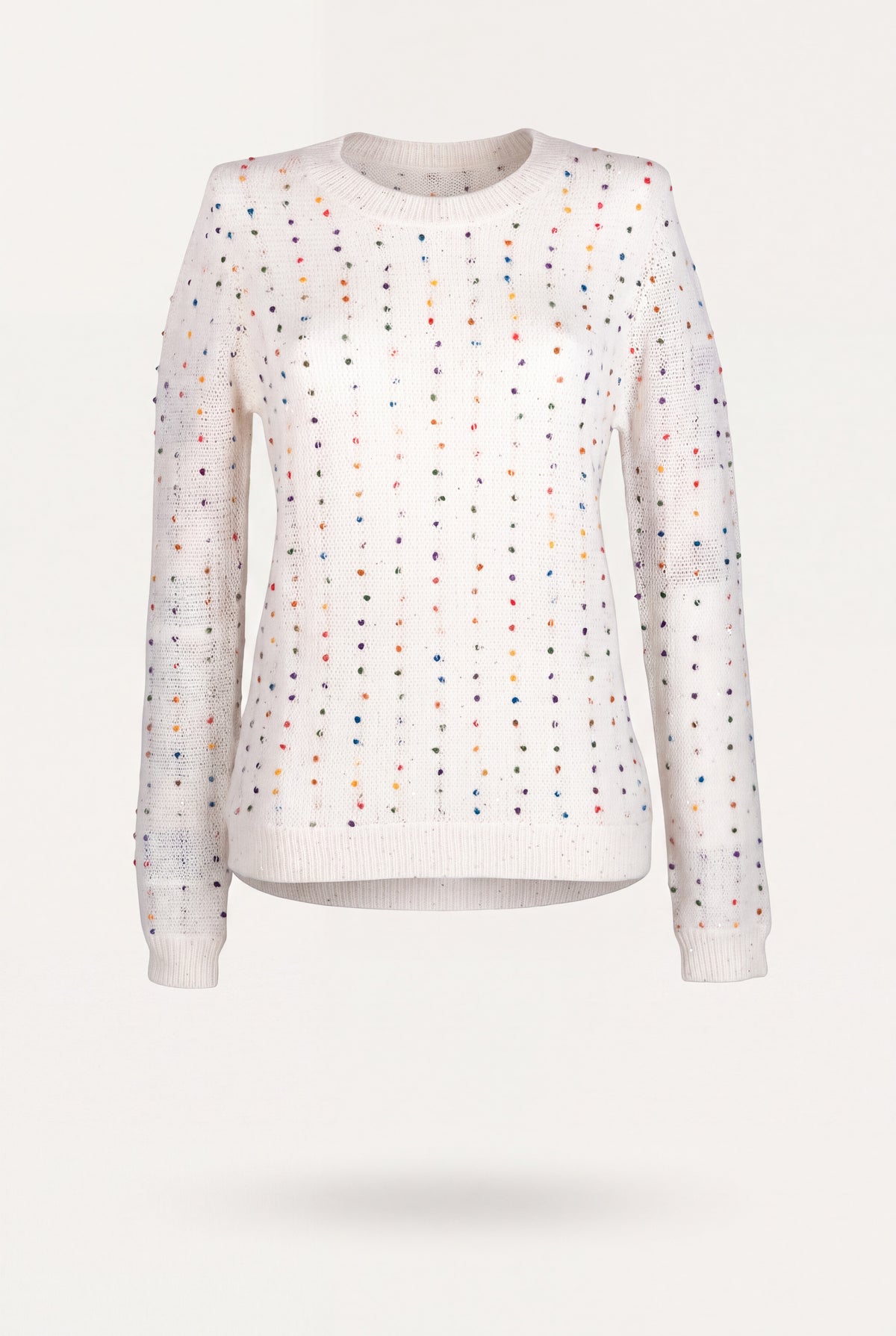Maglione girocollo donna in maglia panna con pon pon multicolor in file verticali
