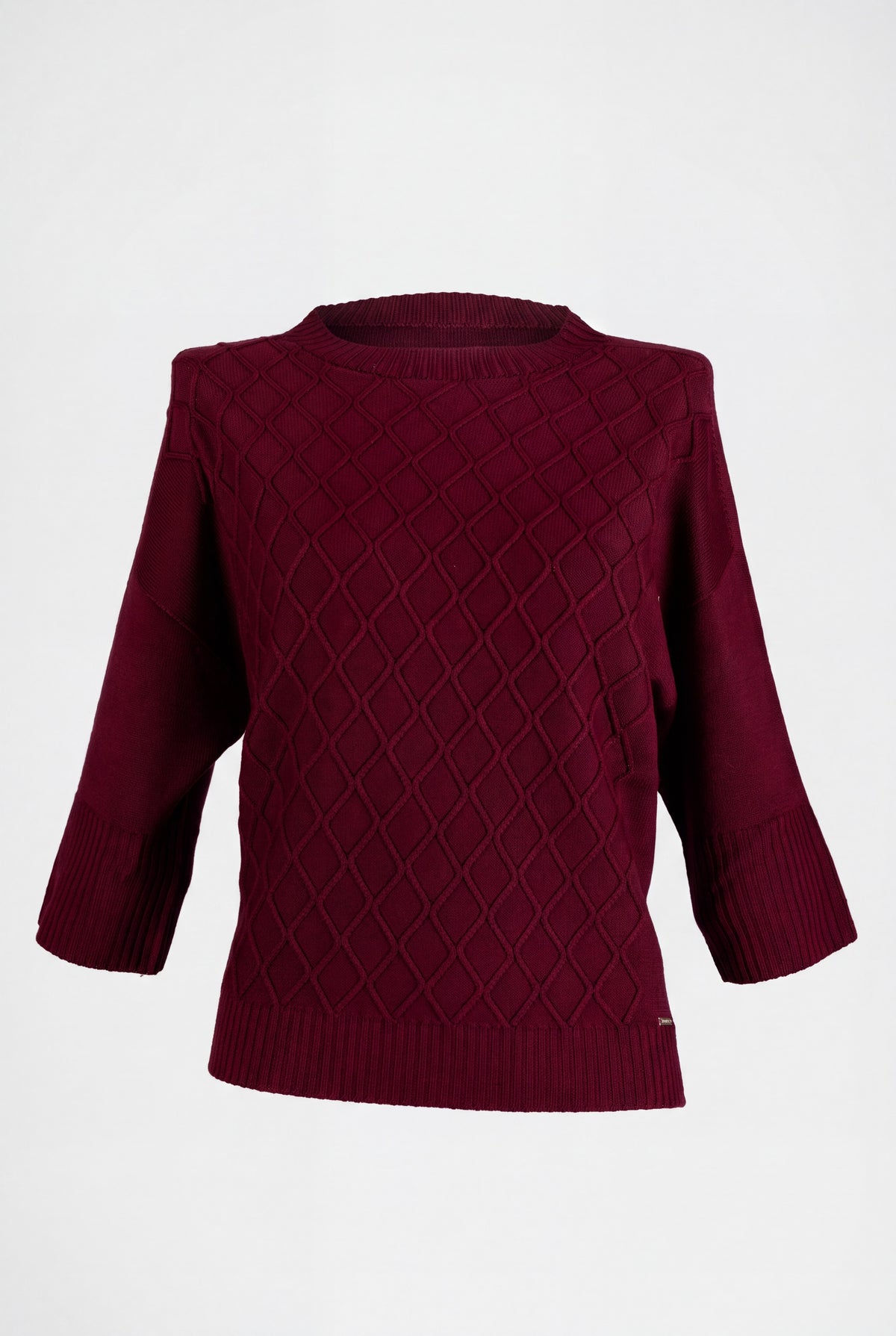 Maglione girocollo a rombi color bordò in maglia con trama a diamante e manica 3/4