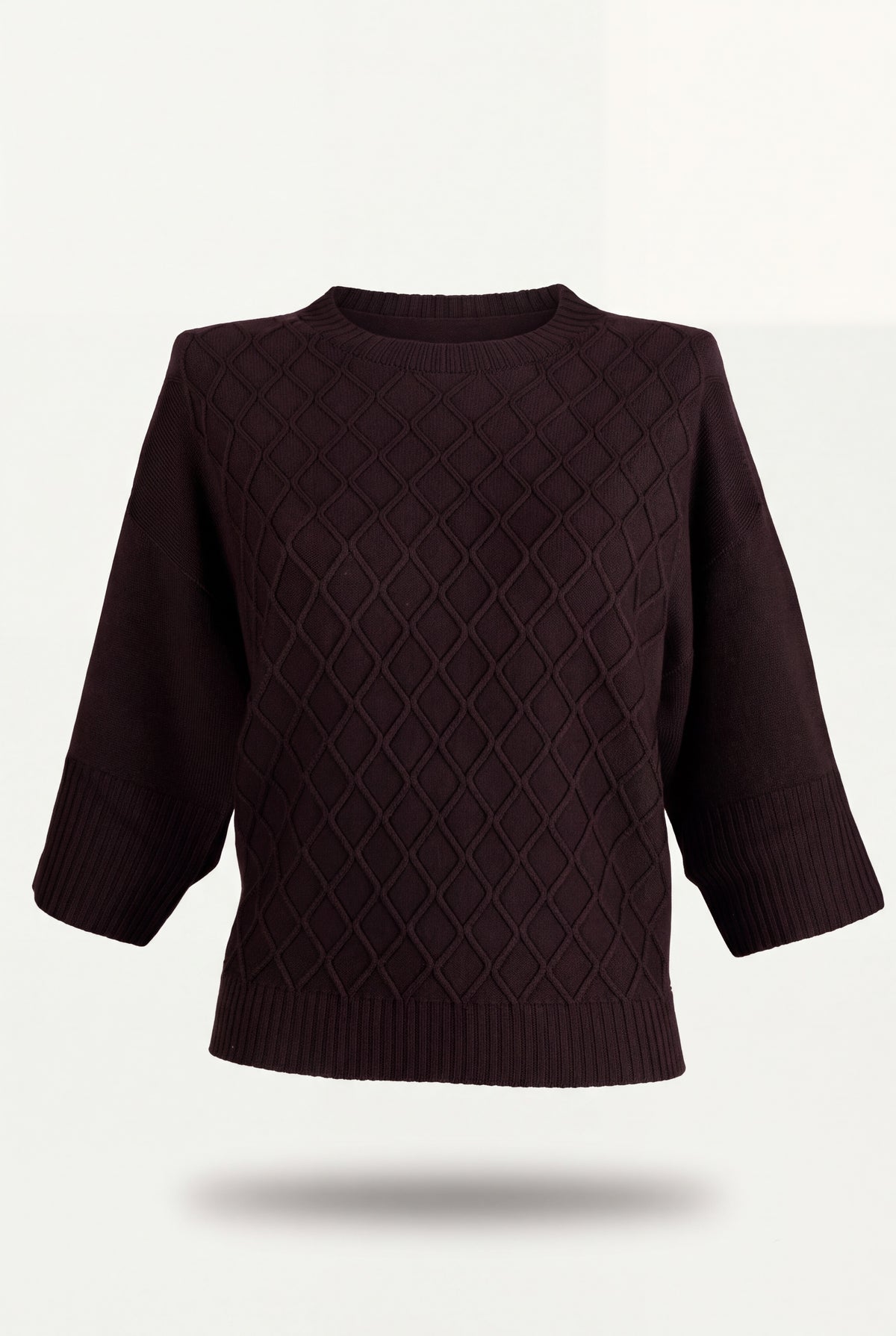 Maglione girocollo a rombi color bordò in maglia con trama a diamante e manica 3/4
