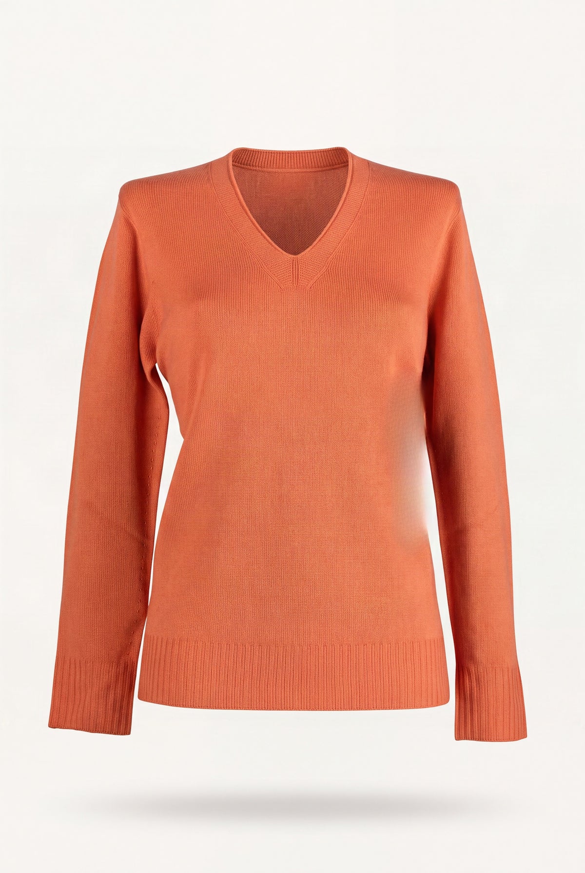 Maglia pura lana scollo a V arancione da donna, maniche lunghe e orlo a costine