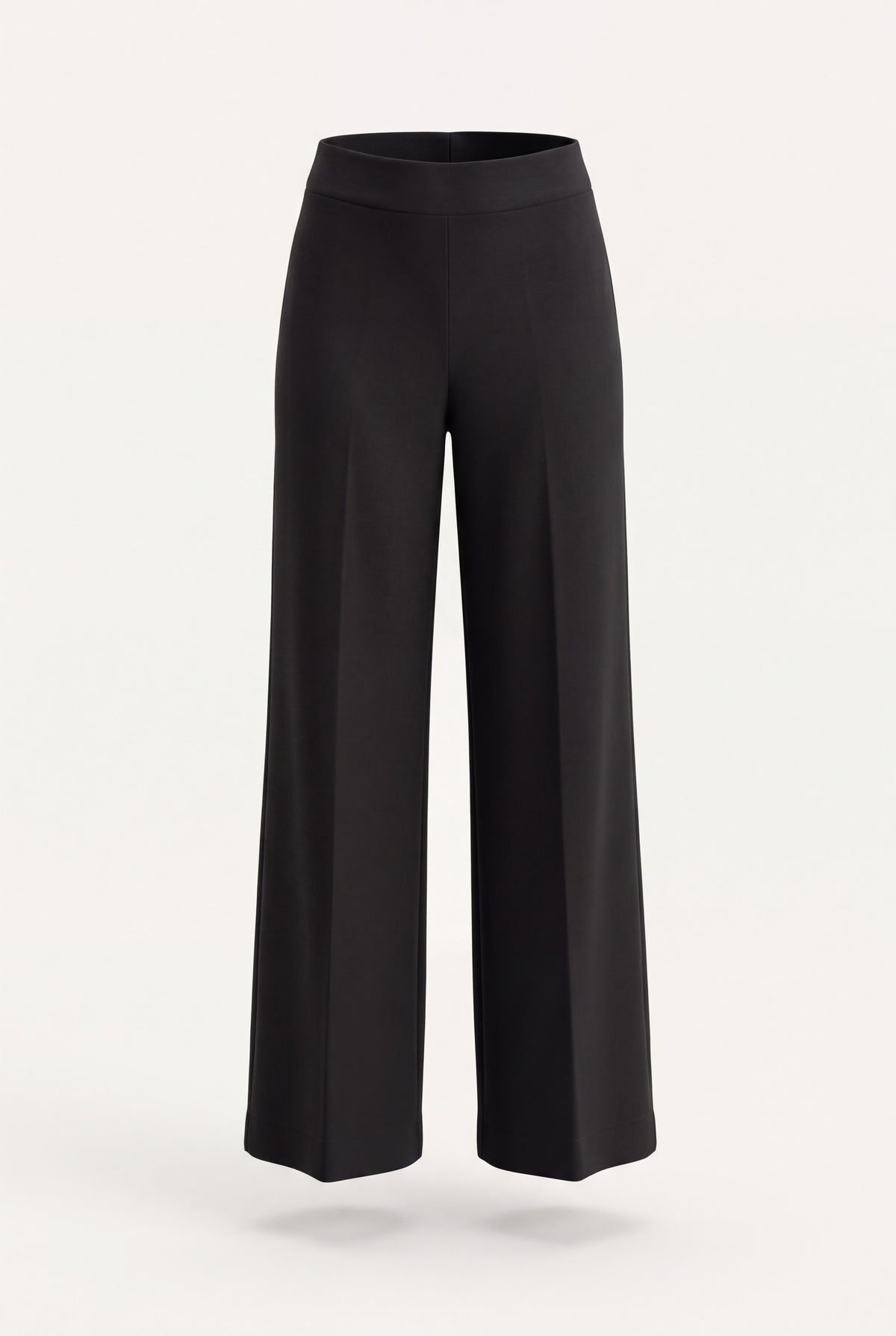 Pantalone palazzo donna nero in punto milano a vita alta con gamba larga e piega centrale