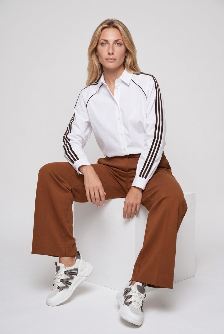 Pantalone palazzo donna nero in punto milano a vita alta con gamba larga e piega centrale