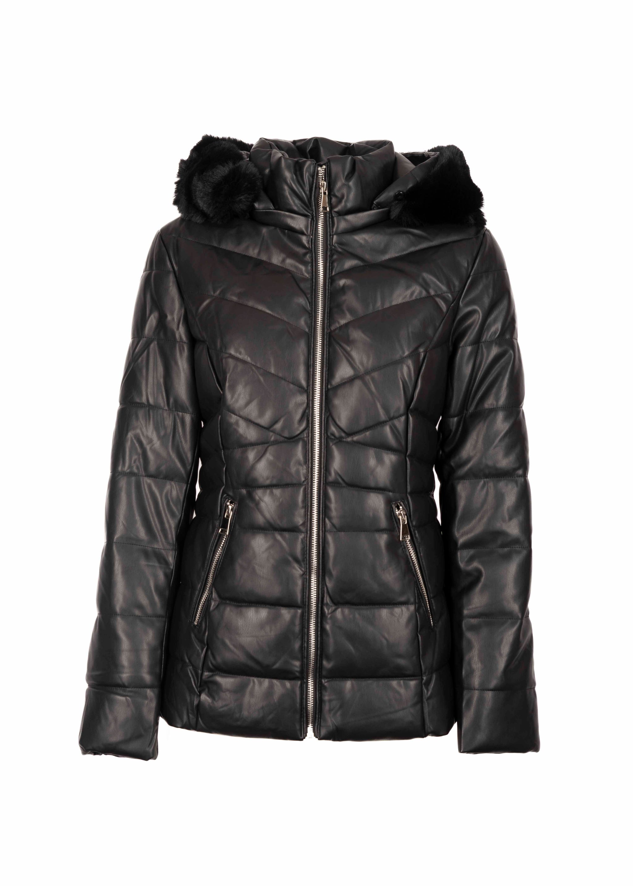 GUESS Giubbotto Blouson In Ecopelle Con Collo Coreano, Zip E Inserti In Neoprene, Nero