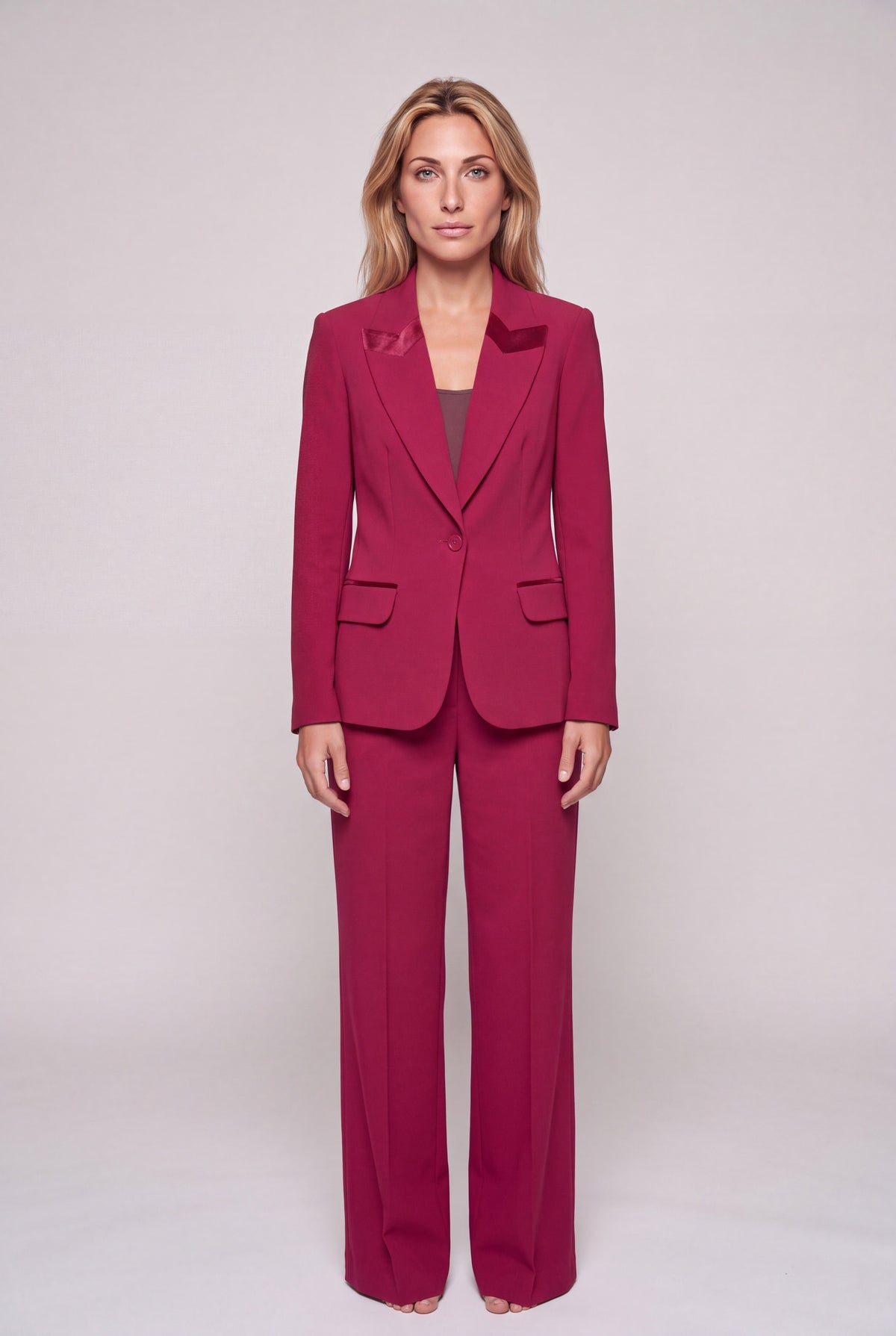 Pantalone palazzo donna color ciclamino a vita alta con dettaglio dorato sul girovita e gamba larga