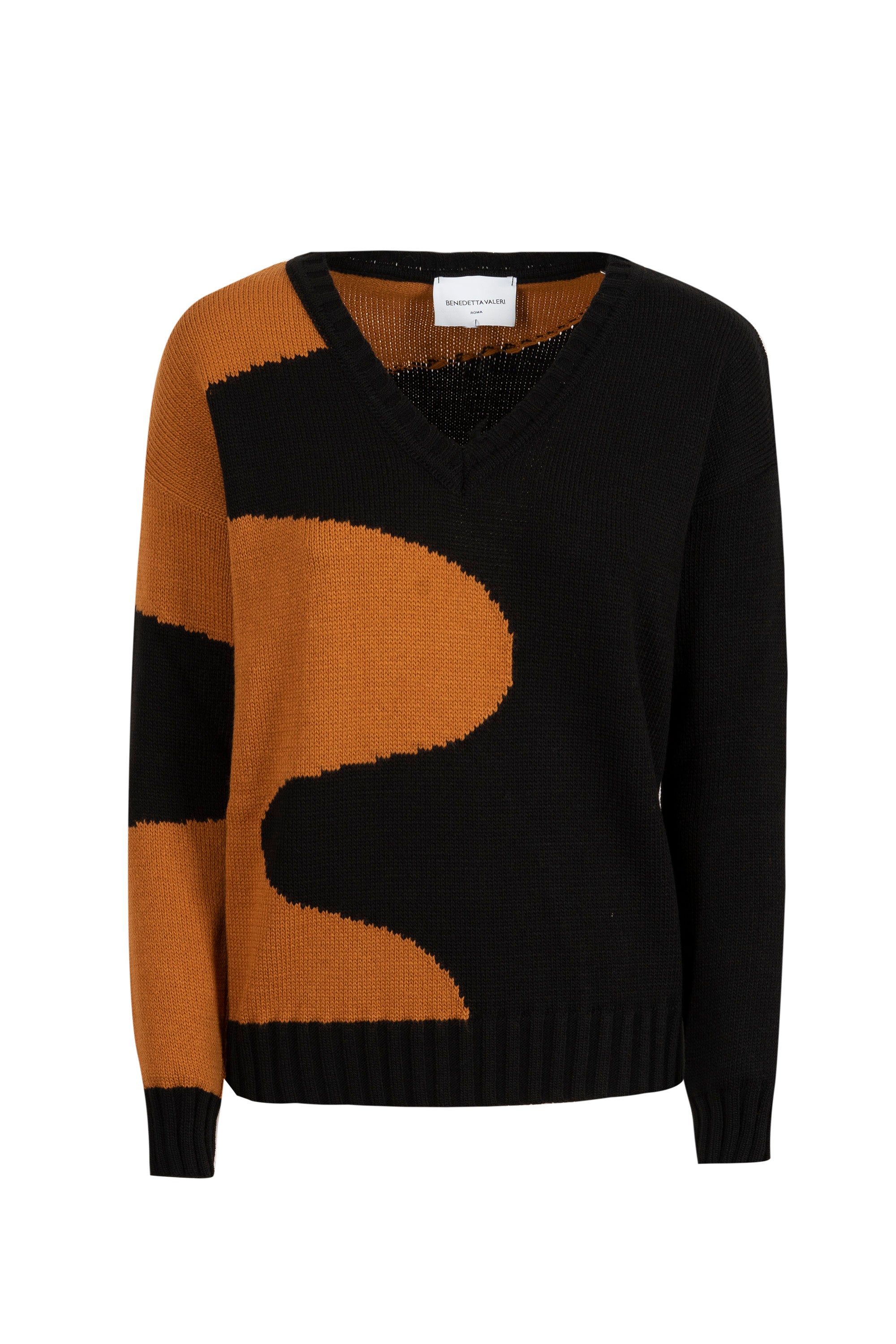 Maglia scollo a V intarsio onde +jacuard onde