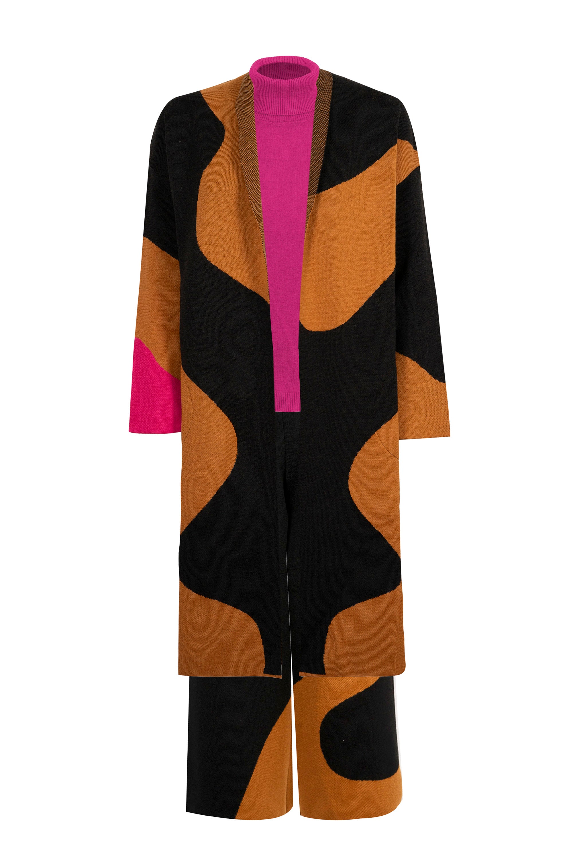 Cappotto lungo intarsio onde + jacquard onde