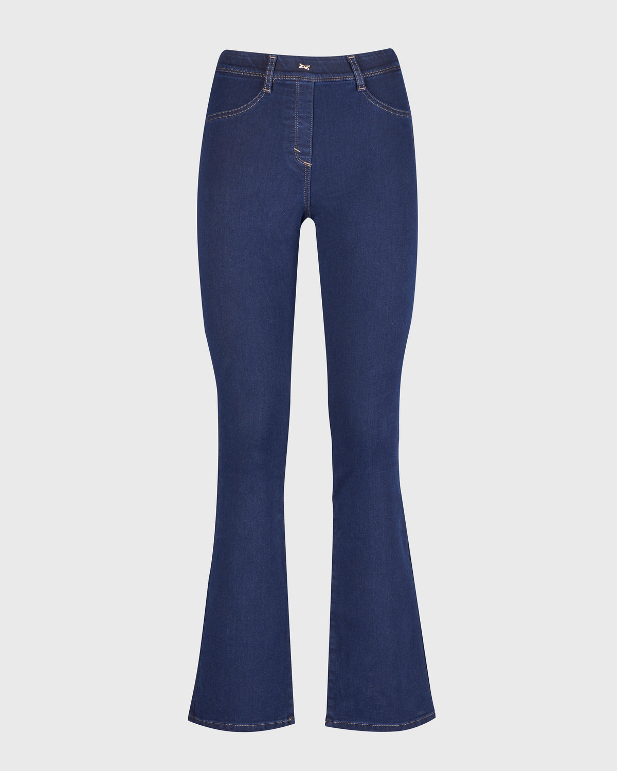 Jeans a zampa donna in denim blu scuro con impunture a contrasto e passanti in vita