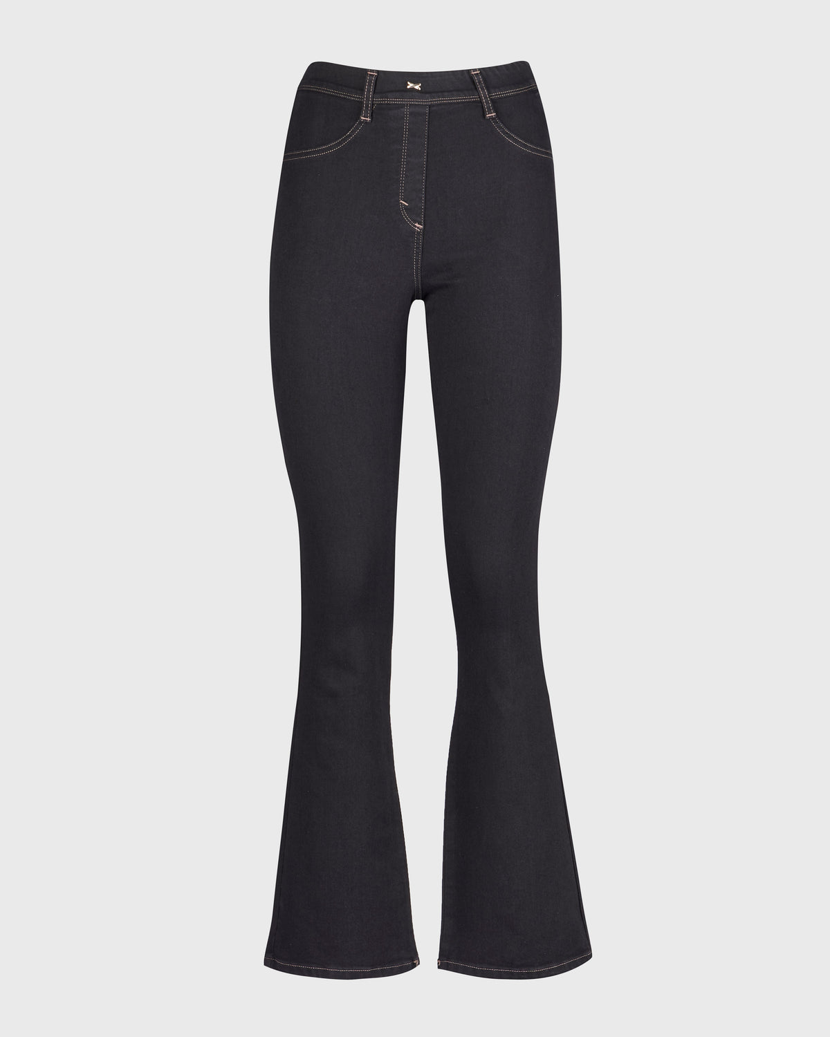 Jeans a zampa donna in denim blu scuro con impunture a contrasto e passanti in vita