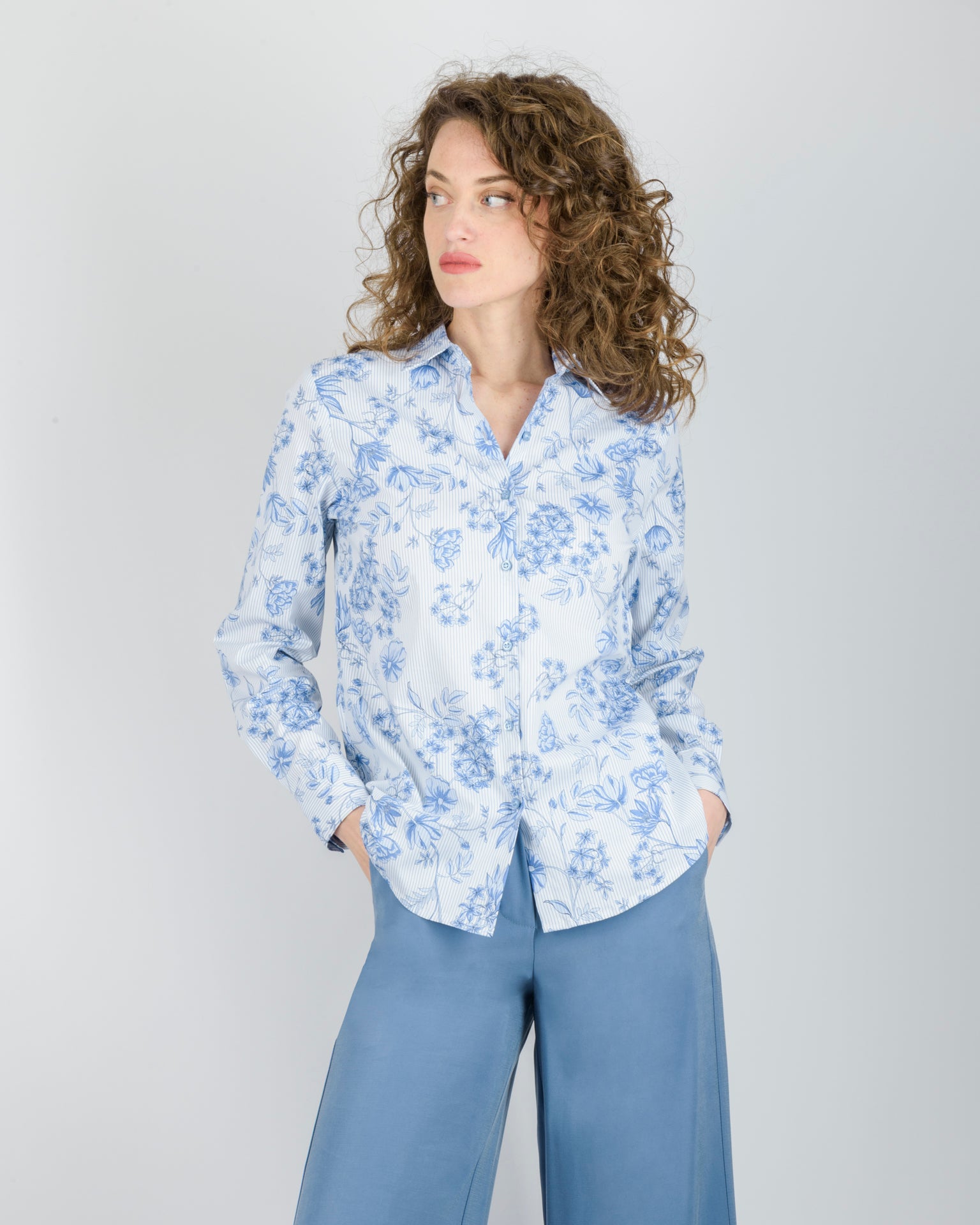 Camicia in cotone riga e fiori 429554