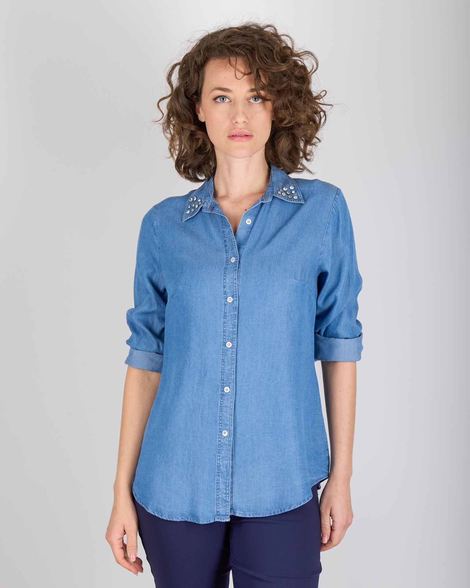 Camicia jeans leggero strass collo 2457