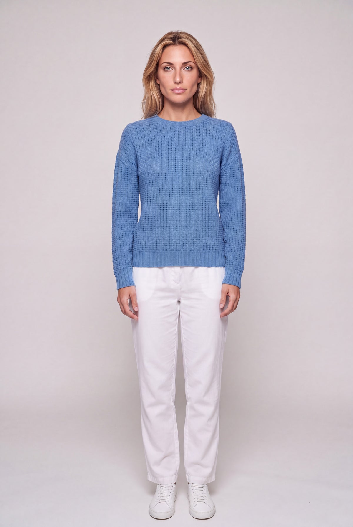 Maglione punto canestro donna color ocra, girocollo con lavorazione in rilievo e polsini a coste