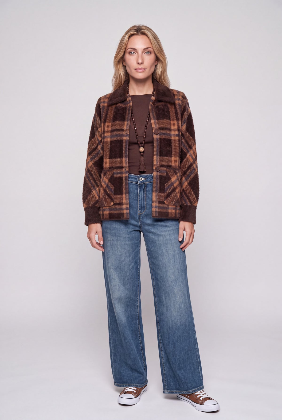 Jeans a gamba larga da donna in denim stone wash blu, vita alta e cinque tasche