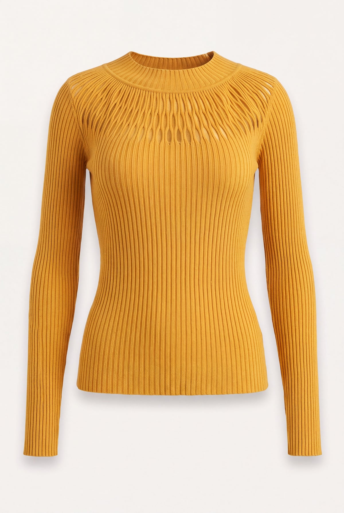 Maglia a costine lupetto color panna con decoltè traforato a rete e maniche lunghe