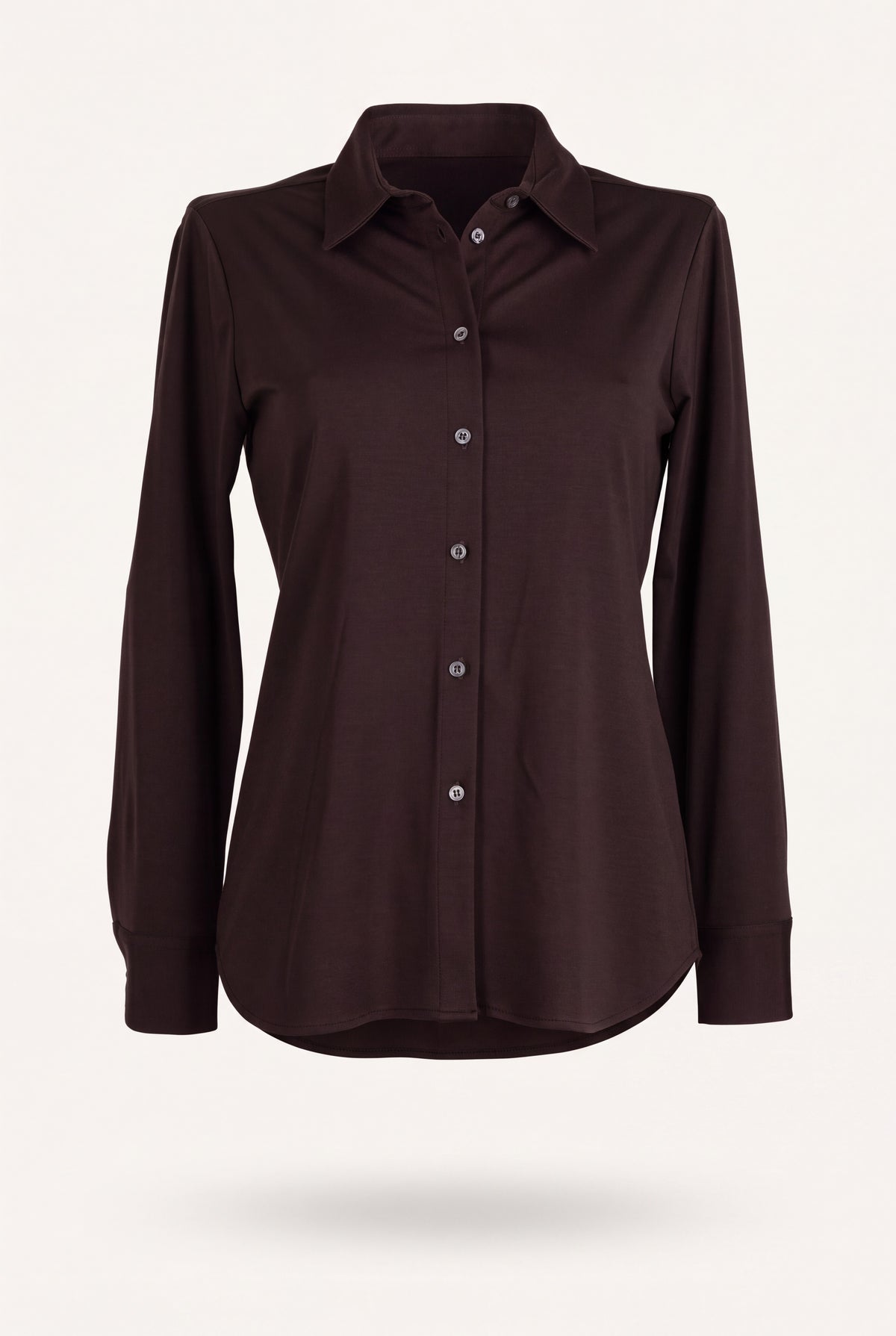 Camicia in jersey da donna color moro, tinta unita, collo classico e bottoni a tono