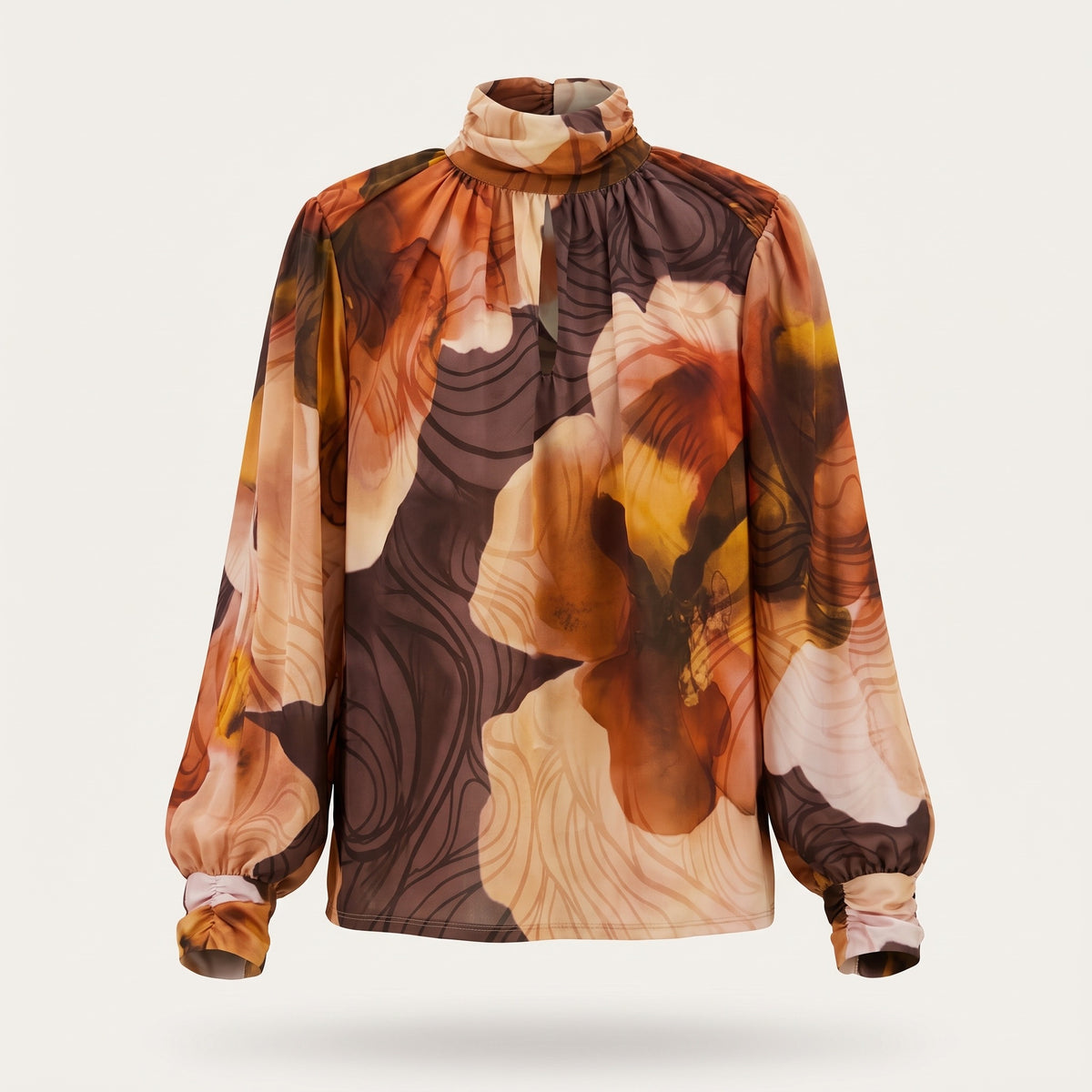 Blusa dolcevita da donna a stampa floreale senape con collo alto e maniche a palloncino