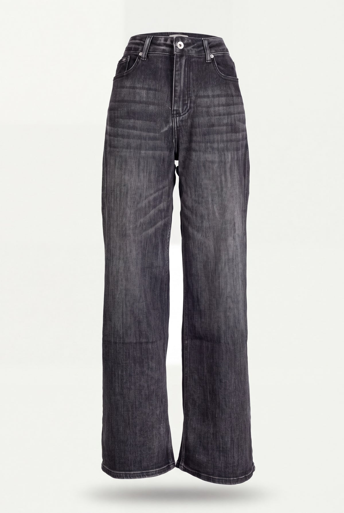 Jeans wide leg in denim grigio lavato con vita alta e gamba larga, cinque tasche