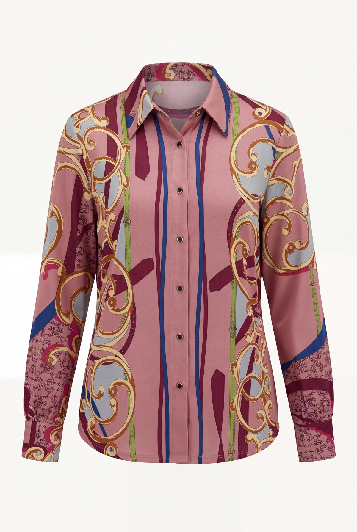Camicia stampa barocca in jersey rosa ciclamino con motivi dorati e righe blu